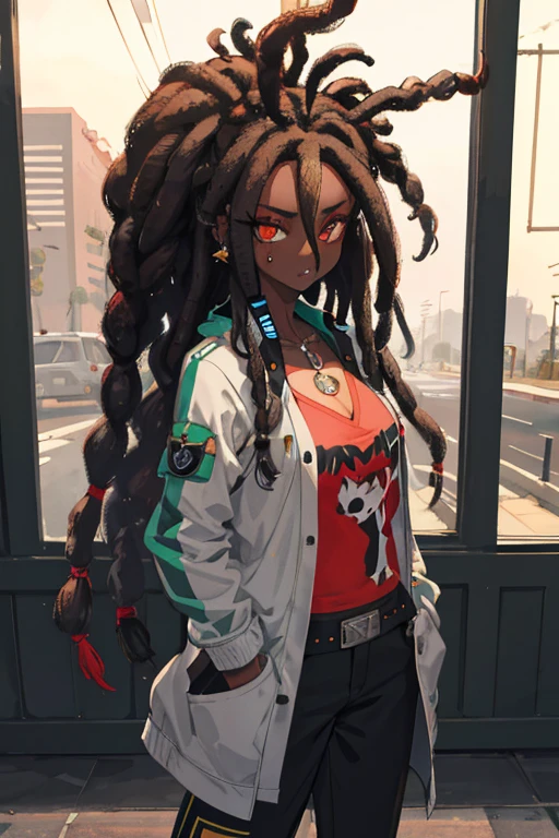 1garota,mulher negra,garota com dreadlocks,cidade noturna,chuva,casaco,Hands in pockets