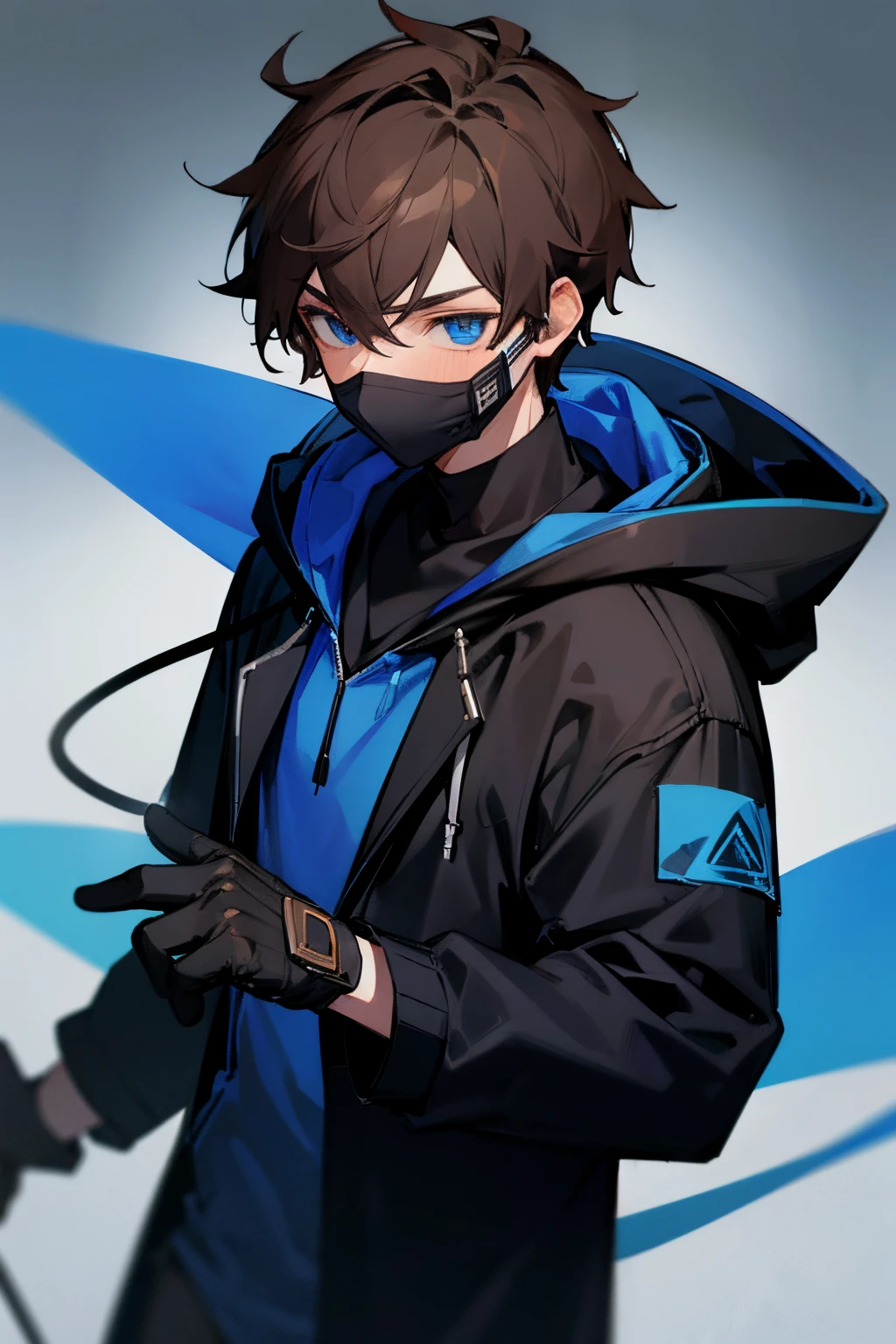 a boy, black mask, blue and black hoodie, blue eyes, headphone, black gloves, brown hair