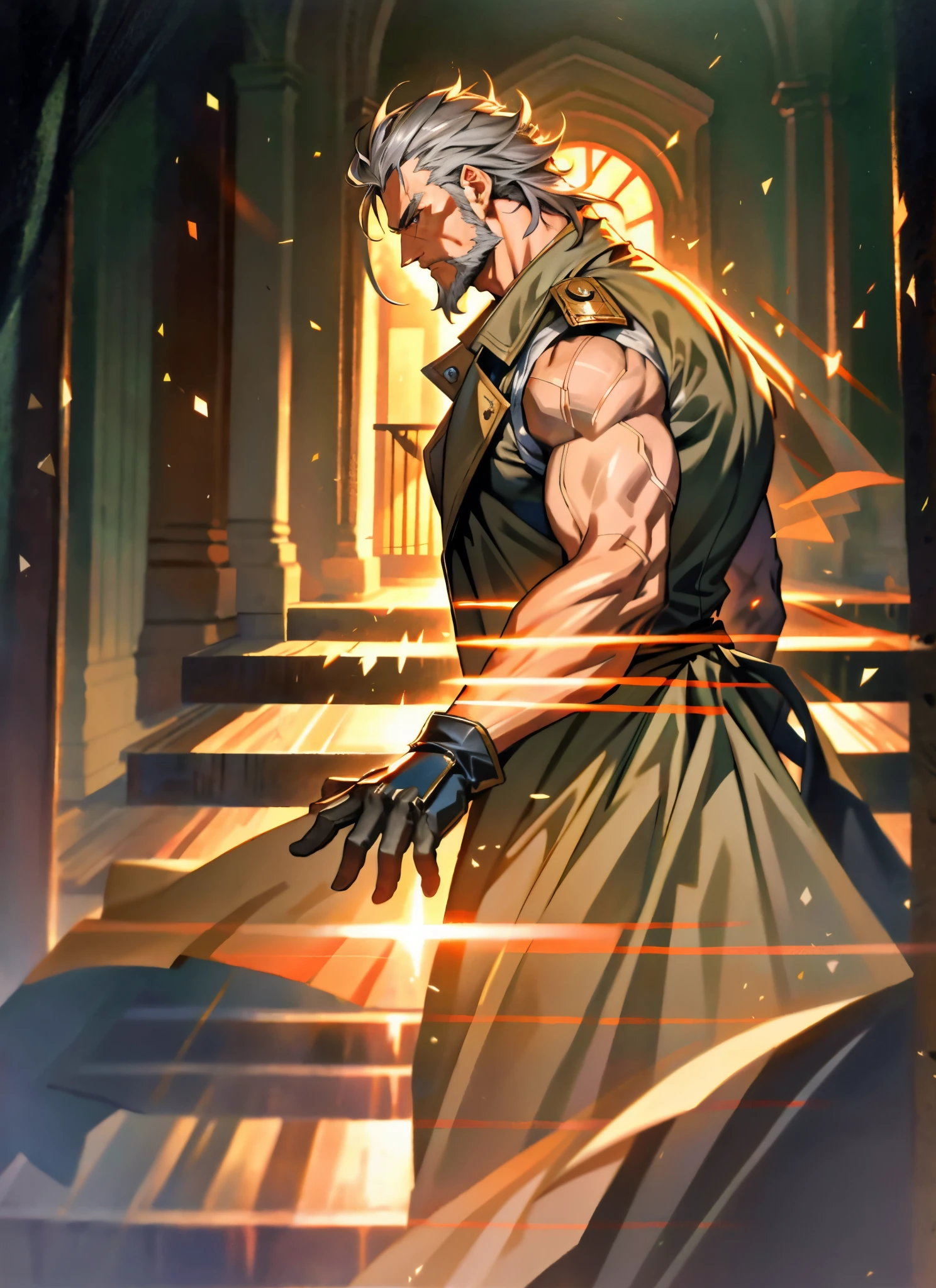 A middle-aged man, long teal hair, wild and disheveled hairstyle, determined gaze, a serious expression, noble features, some stubble, a simple fantasy-style two-piece hunter outfit, a short-sleeved gray shirt, a brown fur-lined coat, a cloth belt cinches his waist, ribbons wrap around his entire arm, coarse fabric pants, stands proudly atop a mountain peak, this character embodies a finely crafted fantasy-style hunter in anime style, exquisite and mature manga art style, high definition, best quality, highres, ultra-detailed, ultra-fine painting, extremely delicate, professional, anatomically correct, symmetrical face, extremely detailed eyes and face, high quality eyes, creativity, RAW photo, UHD, 8k, Natural light, cinematic lighting, masterpiece--perfect, masterpiece:1.5