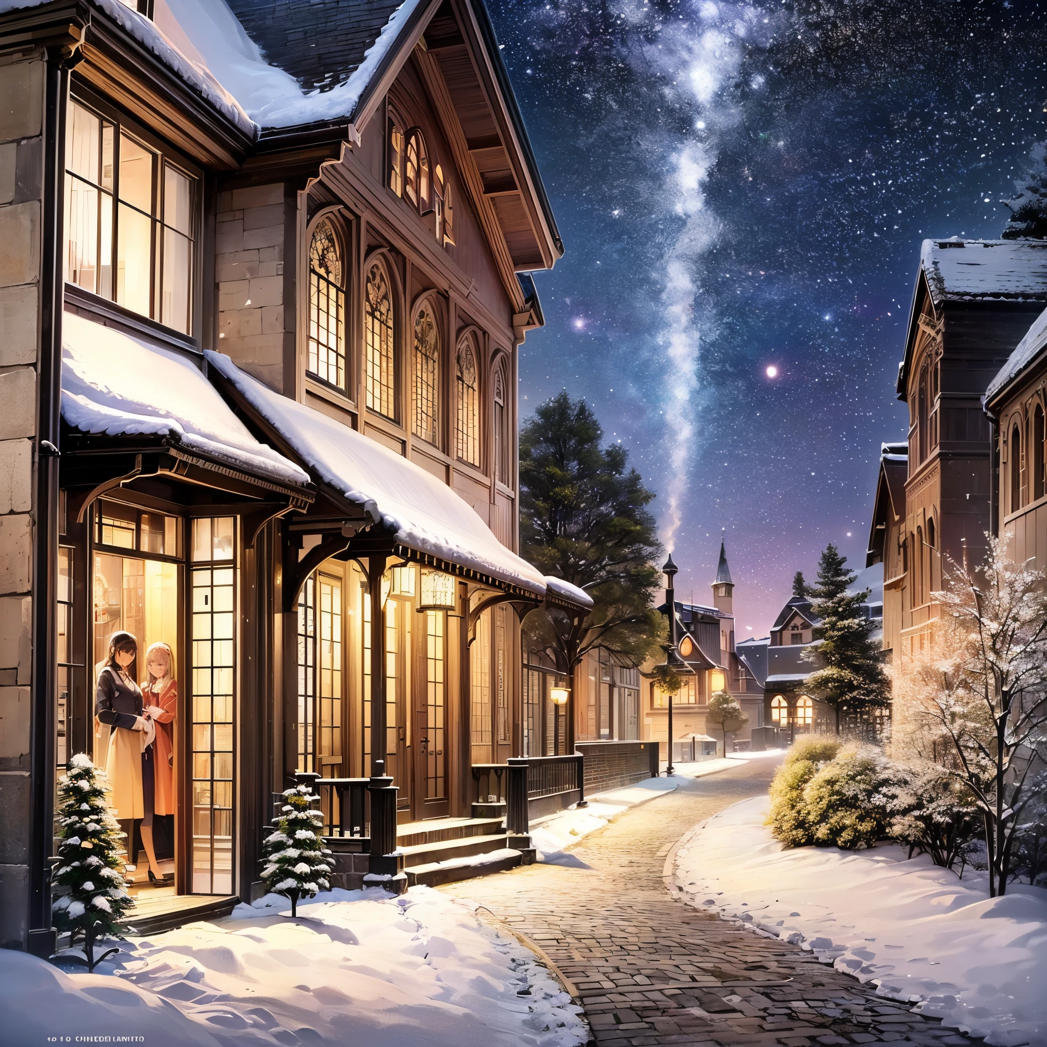 ((Finest quality)),(超A high resolution),(ultra-detailliert),(Meticulous portrayal),((Best Anime)),(Finest works of art),Ultra-Precision Art,The art of astounding depiction,Overwhelming depiction:1.5, (1人の女性:1.5),Stargazing at the stars,Gentle smile:1.3, (nighttime scene:1.6),snowscape:1.3,(church covered in snow:1.5),starrysky,Sparkling light:1.5,