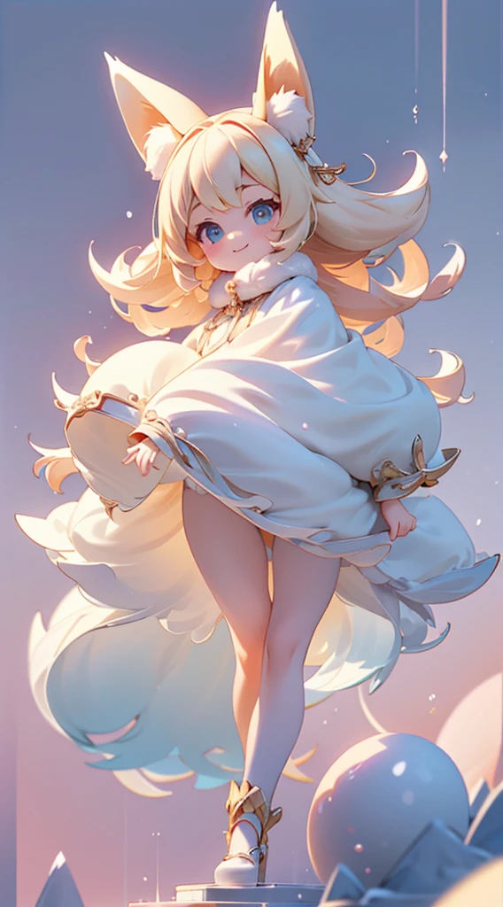 ultra cute girl、gorgeous hump、little vixen、Anthropomorphic、Wear bubble mart style、elegant cloak、A sweet smile、White fur、Bright big eyes and fluffy tail、Gently floating clouds、Highly detailed 3D illustration、A hyper-realistic、ultra-detailliert、luxury movie lights、Octabright、Octandering、zbrush、Smile、
