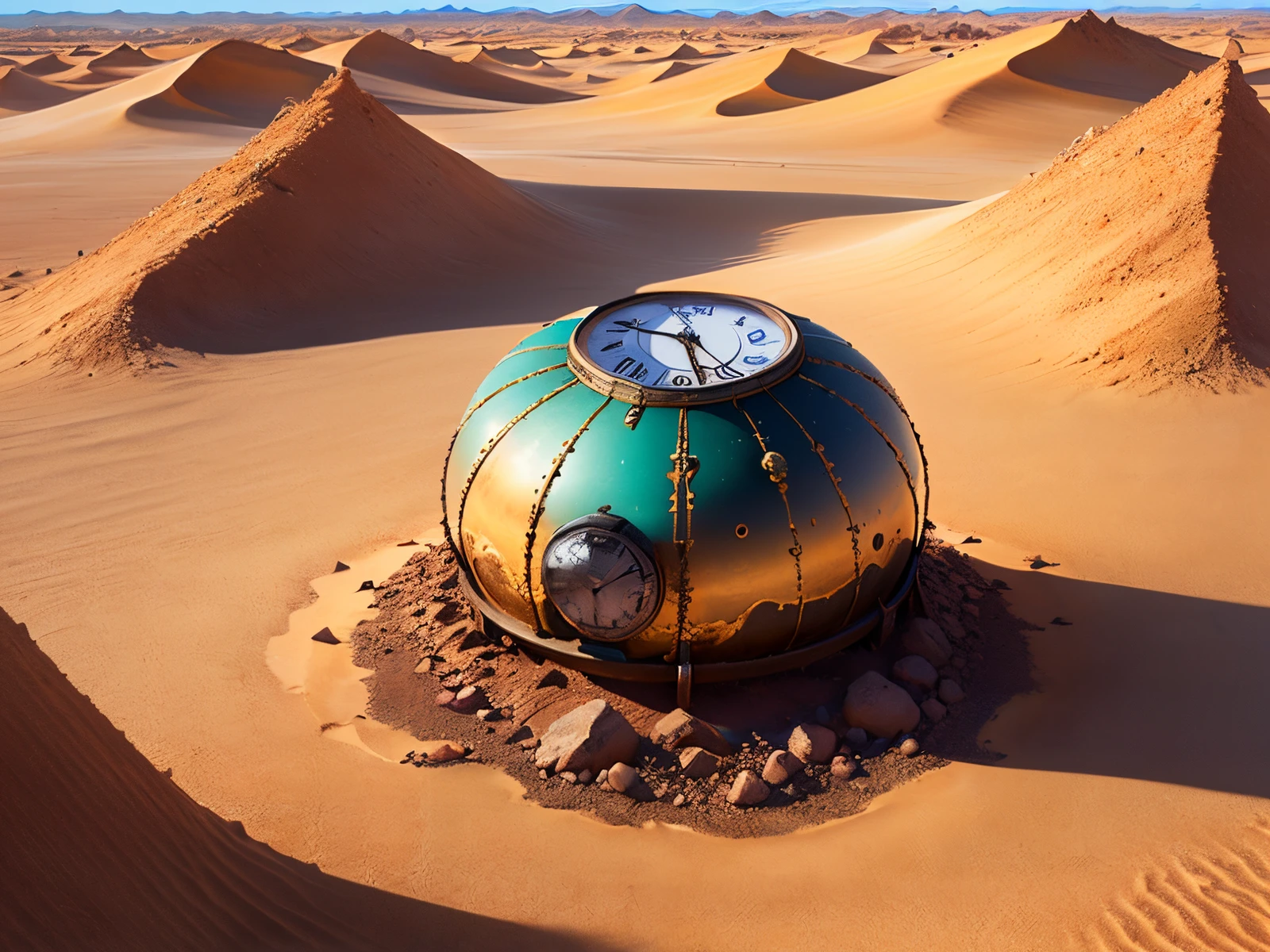 A melted clock in a desert landscape