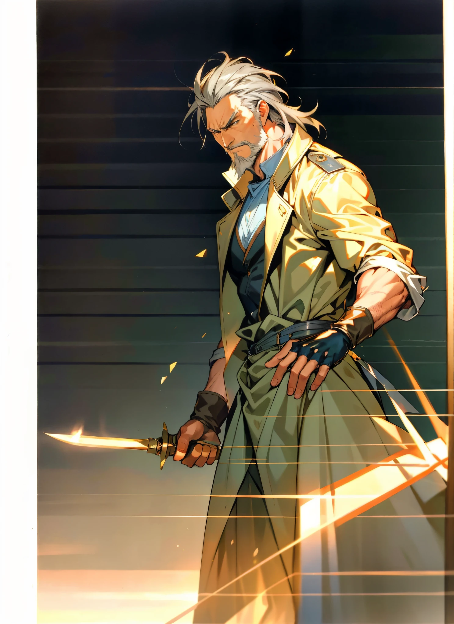 A middle-aged man, 50 years old, medium-length long gray hair, hairstyle in a disheveled spiky manner, sorrowful gaze, well-defined facial features, a full beard, a tall and muscular physique, a simple two-piece fantasy-realism style outfit, a snug light yellow undershirt, a sleeveless long trench coat, long gloves, coarse cloth trousers, bowing his head in repentance on a grim battlefield, this character embodies a finely crafted fantasy-realistic martial arts in anime style, exquisite and mature manga art style, high definition, best quality, highres, ultra-detailed, ultra-fine painting, extremely delicate, professional, anatomically correct, symmetrical face, extremely detailed eyes and face, high quality eyes, creativity, RAW photo, UHD, 8k, Natural light, cinematic lighting, masterpiece-anatomy-perfect, masterpiece:1.5