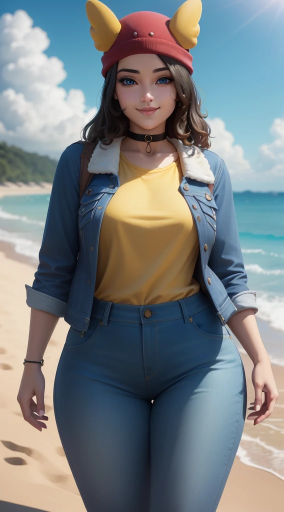 (8k, best quality, masterpiece:1.2), (realistic, photo-realistic:1.37), ultra-detailed, 1 girl,cute, solo, ,beautiful detailed blue eyes, medium wavy hair, , thick thighs, standing on a beach, , smiling, looking at viewer, ,light brown hair, black lips, black lipstick, full body view, , whole body shot, red hat, , , nsfw, choker, yellow shirt, denim jacket, dark long jeans