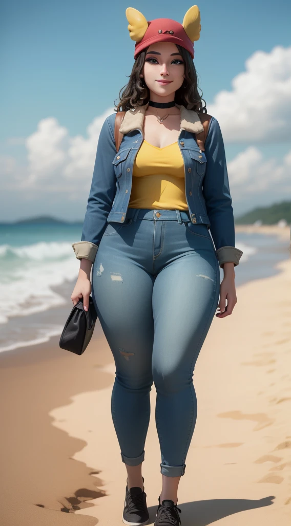 (8k, best quality, masterpiece:1.2), (realistic, photo-realistic:1.37), ultra-detailed, 1 girl,cute, solo, ,beautiful detailed blue eyes, medium wavy hair, , thick thighs, standing on a beach, , smiling, looking at viewer, ,light brown hair, black lips, black lipstick, full body view, , whole body shot, red hat, , , nsfw, choker, yellow shirt, denim jacket, dark long jeans