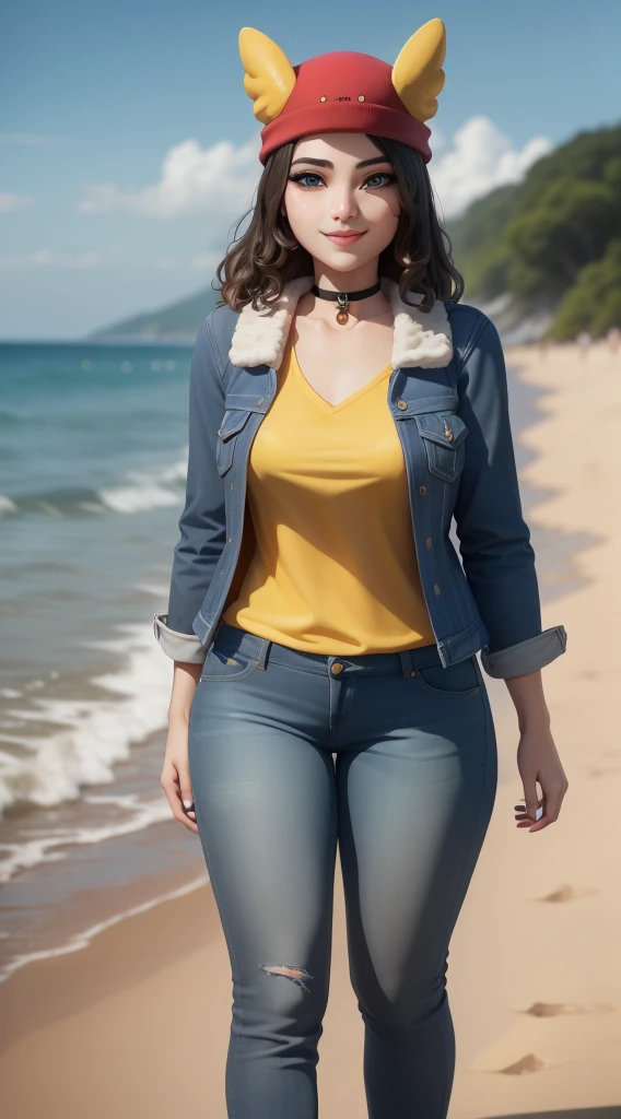 (8k, best quality, masterpiece:1.2), (realistic, photo-realistic:1.37), ultra-detailed, 1 girl,cute, solo, ,beautiful detailed blue eyes, medium wavy hair, , thick thighs, standing on a beach, , smiling, looking at viewer, ,light brown hair, black lips, black lipstick, full body view, , whole body shot, red hat, , , nsfw, choker, yellow shirt, denim jacket, dark long jeans