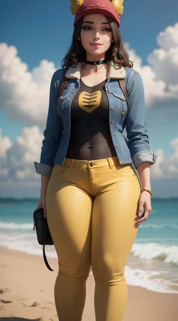 (8k, best quality, masterpiece:1.2), (realistic, photo-realistic:1.37), ultra-detailed, 1 girl,cute, solo, ,beautiful detailed blue eyes, medium wavy hair, , thick thighs, standing on a beach, , smiling, looking at viewer, ,light brown hair, black lips, black lipstick, full body view, , whole body shot, red hat, , , nsfw, choker, yellow shirt, denim jacket, dark long jeans