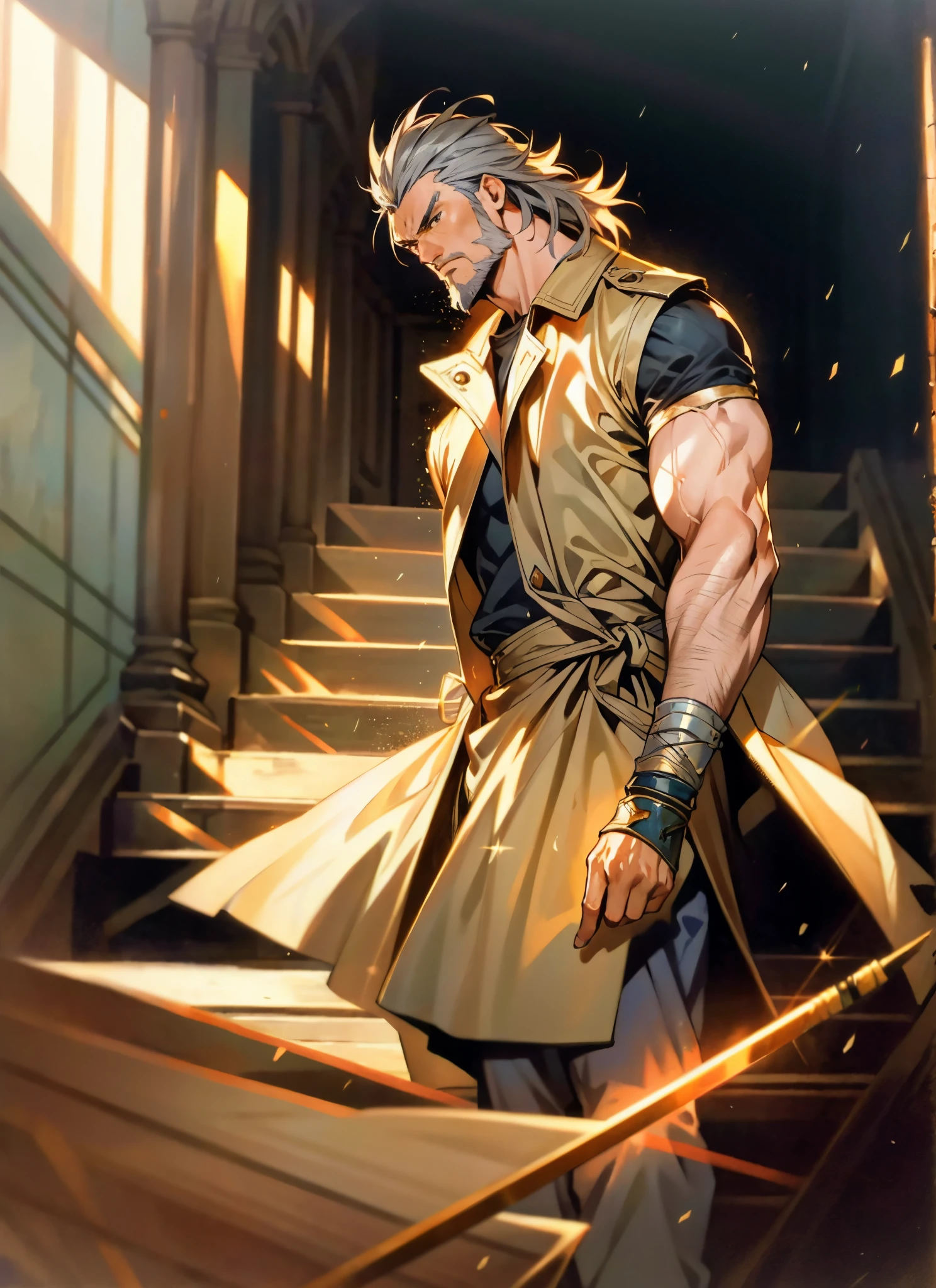 A middle-aged man, 50 years old, medium-length long gray hair, hairstyle in a disheveled spiky manner, sorrowful gaze, well-defined facial features, a full beard, a tall and muscular physique, a simple two-piece fantasy-realism style outfit, a snug light yellow undershirt, a sleeveless long trench coat, long gloves, coarse cloth trousers, bowing his head in repentance on a grim battlefield, this character embodies a finely crafted fantasy-realistic martial arts in anime style, exquisite and mature manga art style, high definition, best quality, highres, ultra-detailed, ultra-fine painting, extremely delicate, professional, anatomically correct, symmetrical face, extremely detailed eyes and face, high quality eyes, creativity, RAW photo, UHD, 8k, Natural light, cinematic lighting, masterpiece-anatomy-perfect, masterpiece:1.5
