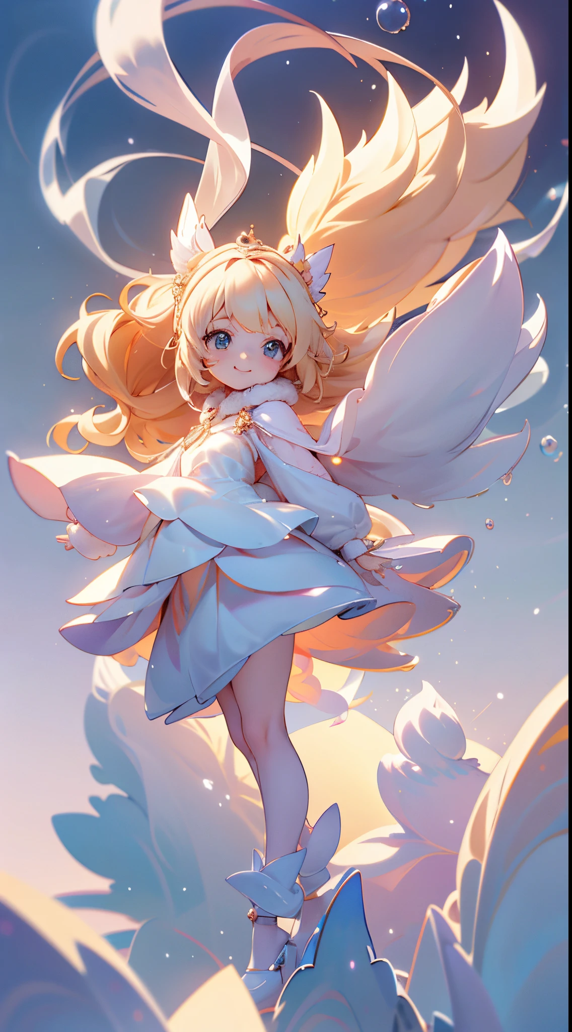 ultra cute girl、gorgeous hump、little vixen、Anthropomorphic、Wear bubble mart style、elegant cloak、A sweet smile、White fur、Bright big eyes and fluffy tail、Gently floating clouds、Highly detailed 3D illustration、A hyper-realistic、ultra-detailliert、luxury movie lights、Octabright、Octandering、zbrush、Smile、