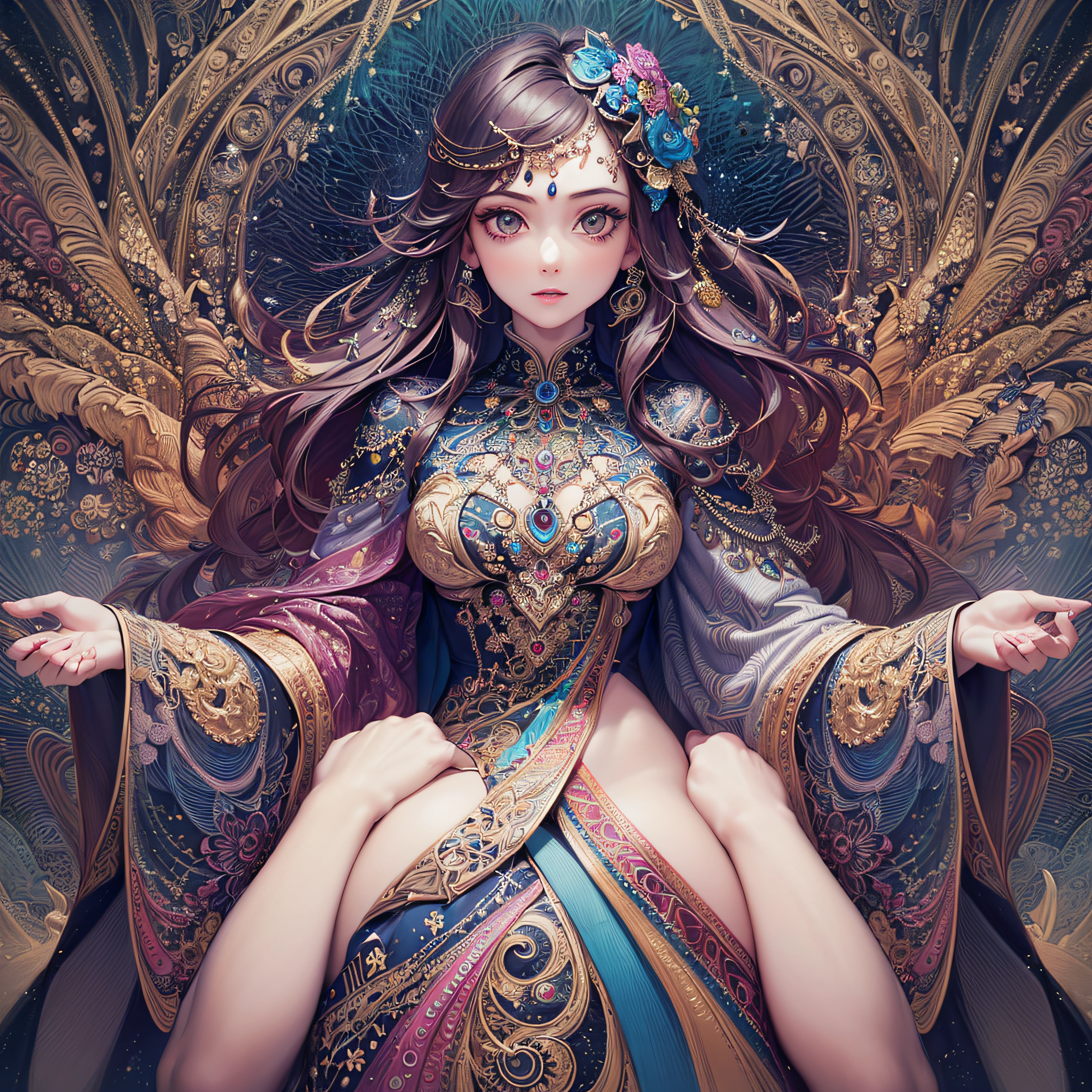 (masterpiece, top quality, best quality, official art, beautiful and aesthetic:1.2), (1girl:1.3), extremely detailed,(fractal art:1.2),colorful,highest detailed,(zentangle:1.2), (dynamic pose), (abstract background:1.5), (treditional dress:1.2), (shiny skin), (many colors:1.4), upper body