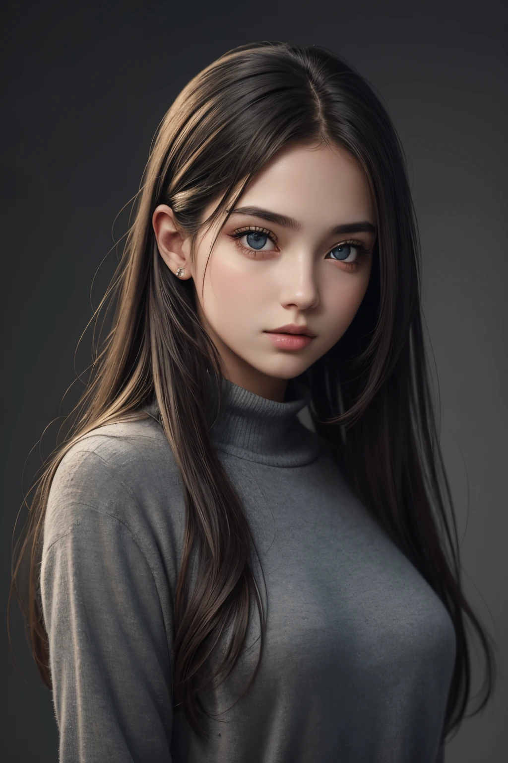 @(prompt) A girl with beautiful detailed eyes and lips, standing against a gray background, in a half-body shot. (best quality, photorealistic), portraits, monochromatic color palette, soft lighting.