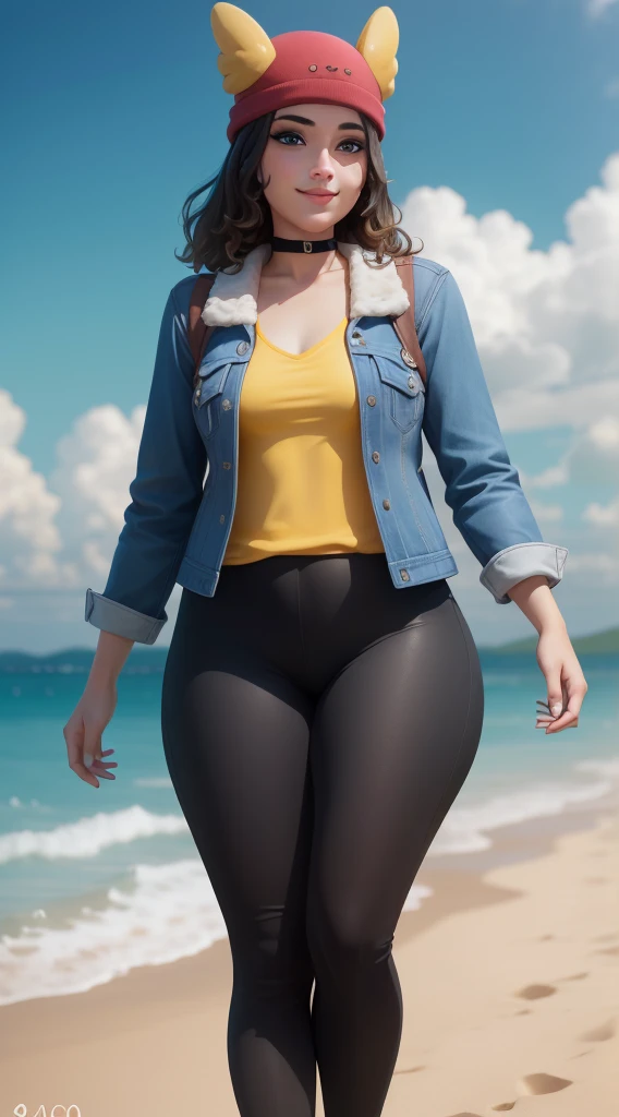 (8k, best quality, masterpiece:1.2), (realistic, photo-realistic:1.37), ultra-detailed, 1 girl,cute, solo, ,beautiful detailed blue eyes, medium wavy hair, , thick thighs, standing on a beach, , smiling, looking at viewer, ,light brown hair, black lips, black lipstick, full body view, , whole body shot, red hat, , , nsfw, choker, yellow shirt, denim jacket, dark long leggings