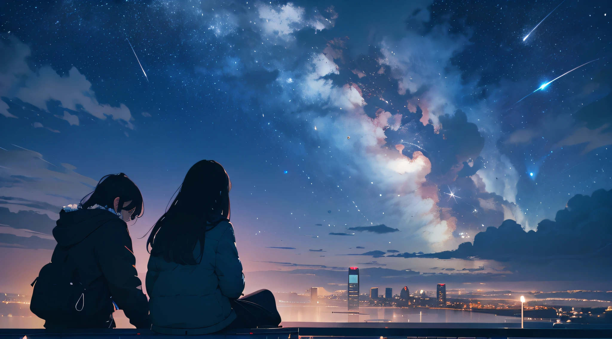 octans, sky, star (sky), scenery, starry sky, night, 1girl, night sky, solo, outdoors, building, cloud, milky way, sitting, tree, long hair, city, silhouette, cityscape