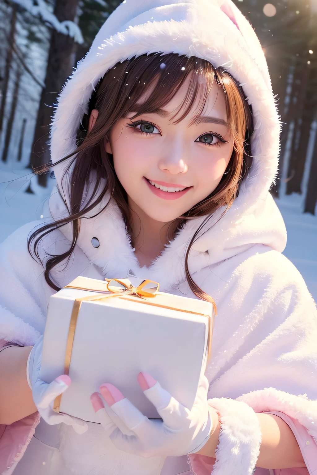 (Highly detailed CG Unity 8k wallpaper, top quality, ultra-detailed, high resolution, masterpiece, realistic, photorealistic:1.5), (cute Japanese girl), extremely detailed face, face focus, beautiful detailed eyes, eye focus, (detailed background), detailed clothes, super detailed skin, (wearing pink evening dress:1.5), (white hood:1.3), (white long cloak:1.5) , (white wool gloves:1.5), (soft sunlight:1.5), (in the winter forest:1.3), (snowing a lot:1.3), (Christmas tree:1.3), (lots of Christmas gift boxes), midi wavy hair, brown hair, floating hair, medium breast, medium ass, (make up), (adorable smile:1.3), (POV:1.6),