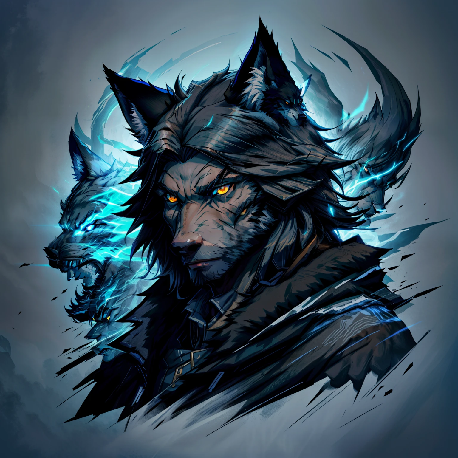 Fenrir human form, I generally have midnight black  hair and piercing blue eyes. My skin is tanned and my appearance could be described as rugged. My attire is usually chosen to fit the context in which I am interacting with humans. In some instances, my attire may appear primitive or archaic, while in other instances I may present as a sophisticated and well-dressed individual. Handsome male, standing with wolves