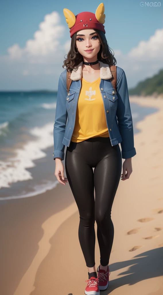 (8k, best quality, masterpiece:1.2), (realistic, photo-realistic:1.37), ultra-detailed, 1 girl,cute, solo, ,beautiful detailed blue eyes, medium wavy hair, standing on a beach, , smiling, looking at viewer, ,light brown hair, black lips, black lipstick, full body view, , whole body shot, red hat, , , nsfw, choker, yellow shirt, denim jacket, dark long leggings