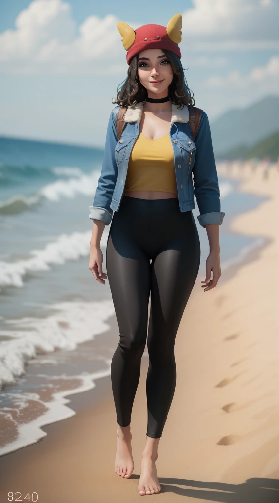 (8k, best quality, masterpiece:1.2), (realistic, photo-realistic:1.37), ultra-detailed, 1 girl,cute, solo, ,beautiful detailed blue eyes, medium wavy hair, standing on a beach, , smiling, looking at viewer, ,light brown hair, black lips, black lipstick, full body view, , whole body shot, red hat, , , nsfw, choker, yellow shirt, denim jacket, dark long leggings