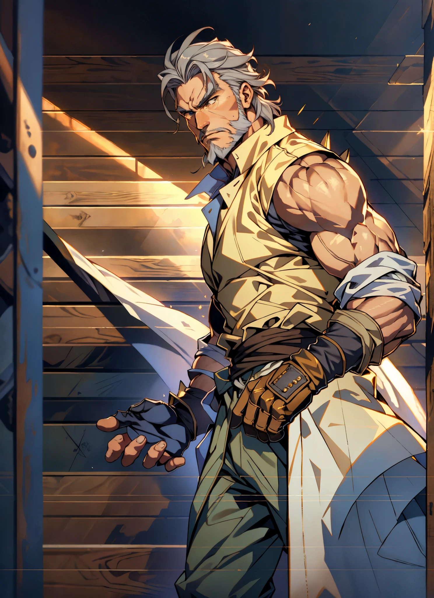 A middle-aged man, 50 years old, medium-length long gray hair, hairstyle in a disheveled spiky manner, sorrowful gaze, well-defined facial features, a full beard, a tall and muscular physique, a simple two-piece fantasy-realism style outfit, a snug light yellow undershirt, a sleeveless long trench coat, long gloves, coarse cloth trousers, bowing his head in repentance on a grim battlefield, this character embodies a finely crafted fantasy-realistic martial arts in anime style, exquisite and mature manga art style, high definition, best quality, highres, ultra-detailed, ultra-fine painting, extremely delicate, professional, anatomically correct, symmetrical face, extremely detailed eyes and face, high quality eyes, creativity, RAW photo, UHD, 8k, Natural light, cinematic lighting, masterpiece-anatomy-perfect, masterpiece:1.5