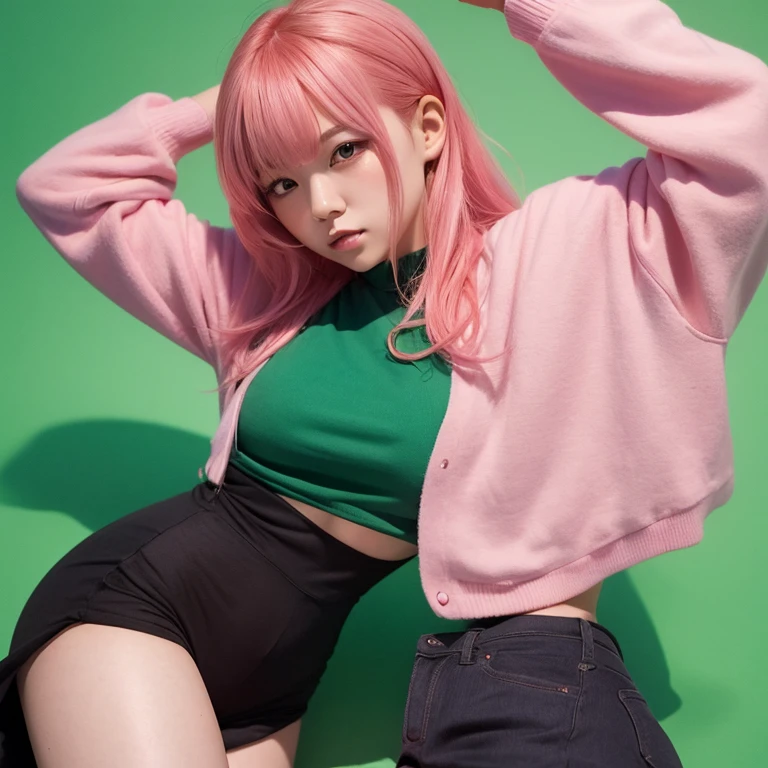 1girl in, 20yr old, gradient, gradient_Background, Green_Background, up looking_で_viewer, Pink_hair, Solo by JM、Yoshiko Akishino