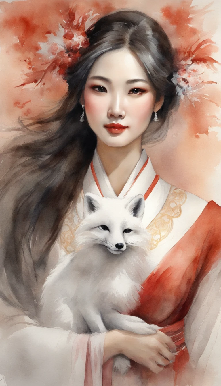 A beautiful Chinese girl wears Hanfu and holds her chest high, Next to an elegant white nine-tailed fox. actual, low angle shot, and the light red and white tones used. The girl exudes confidence and strength, The fox exudes a charming and mysterious aura.