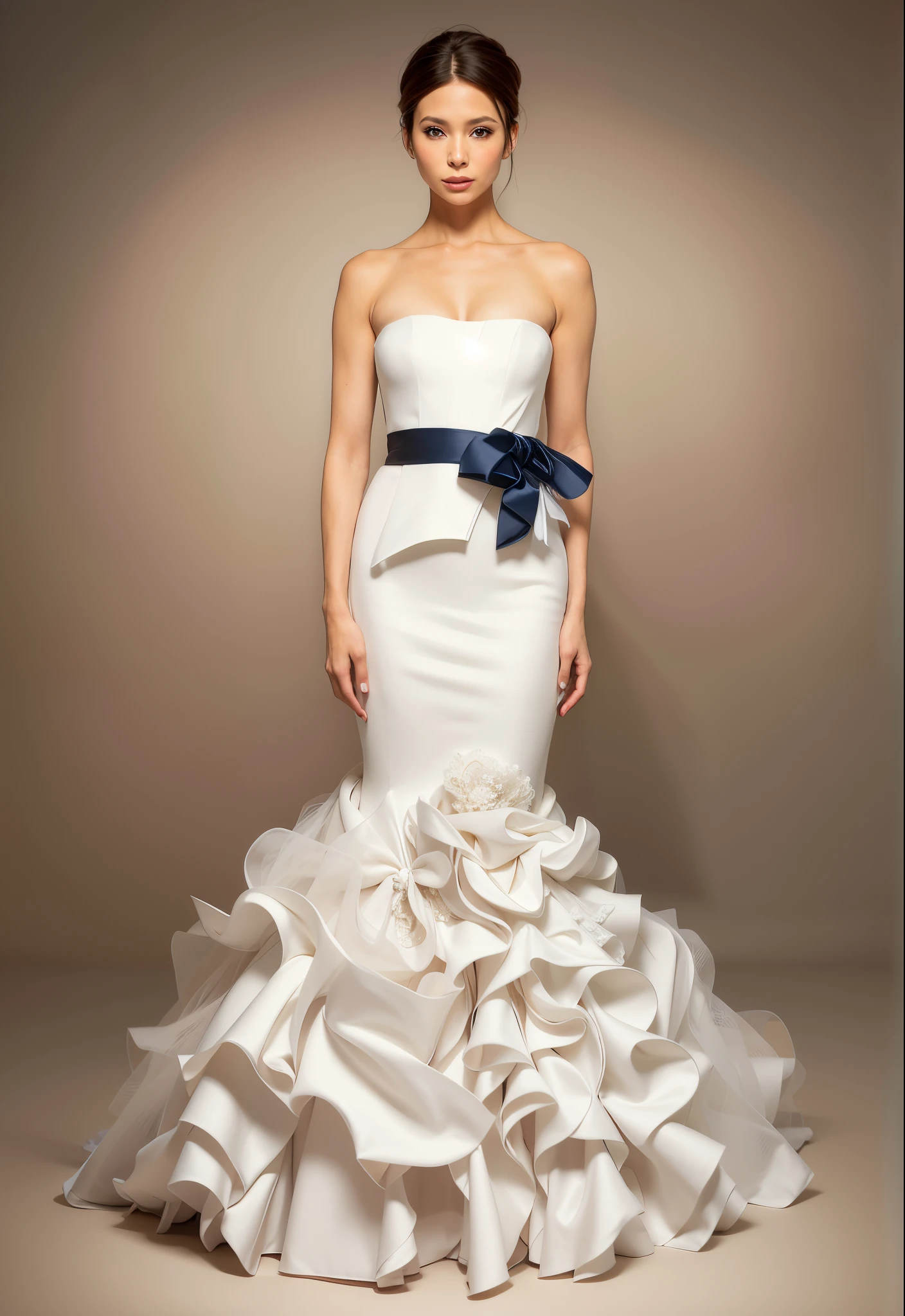 a woman in a white wedding dress with a large bow on her head, vera wang couture, soft elegant gown, wearing organza gown, dressed beautiful gown, detailed image, inspired by Tadashi Nakayama, gown, stunning detail, wearing long gown, intricate gown, beautiful and elegant, very beautiful and elegant, j - lo, inspiring, flowing gown, romantic gown