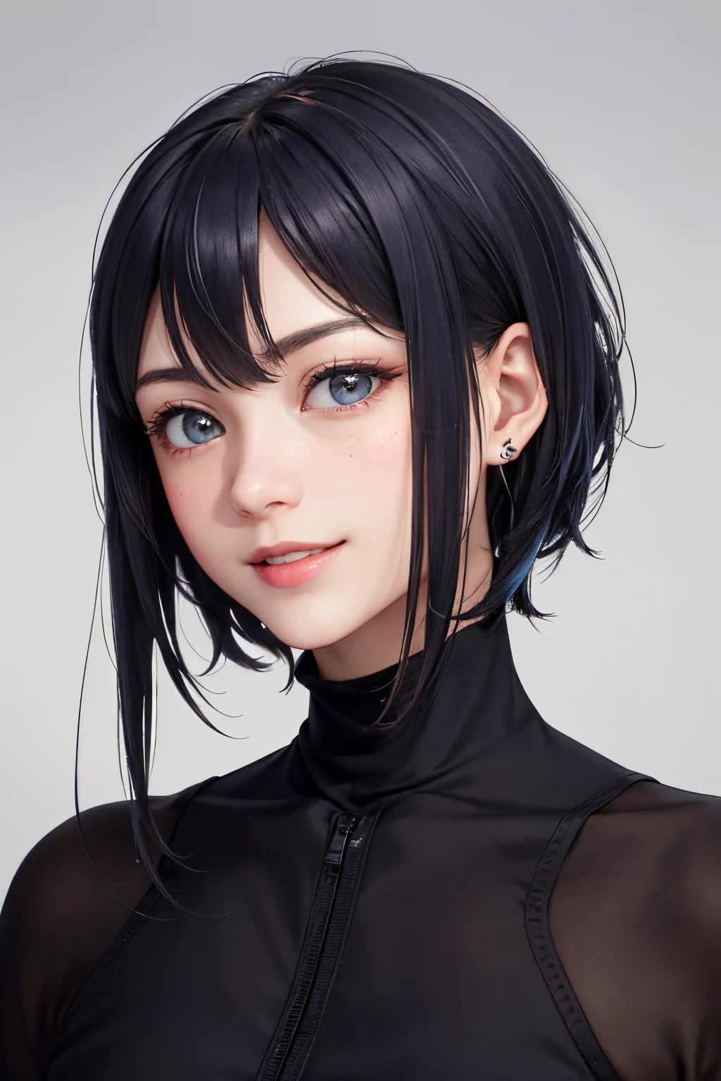 a 20 yo woman、Black blue Hair、Twin-tailed、Big smile、(hi-top fade:1.3)、dark themed、Muted Tones、Subdued Color、highly contrast、(natural skin textures、Hyper-Realism、Soft light、sharp)