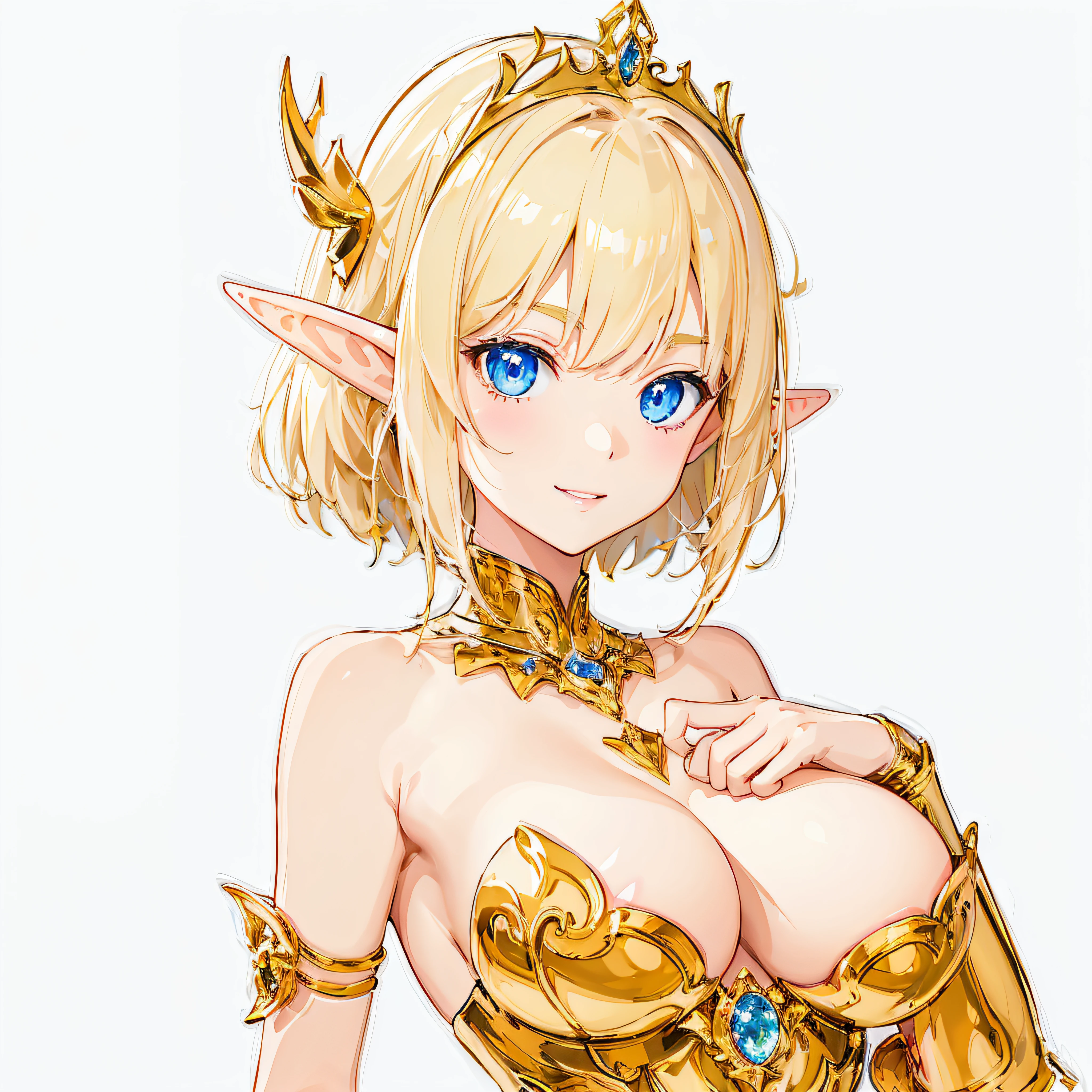 ​masterpiece、top-quality、ighly detailed、hight resolution、１６ｋ、fullnude、teats、Boob proportions、golden armour、Very thin skirt、Black pants、Full body like、Very white skin、Beautiful fingers、Anime girl with very big breasts posing naked、Perfect Style、elvish、no-bra、Blonde blue-eyed、A smile、An elf girl