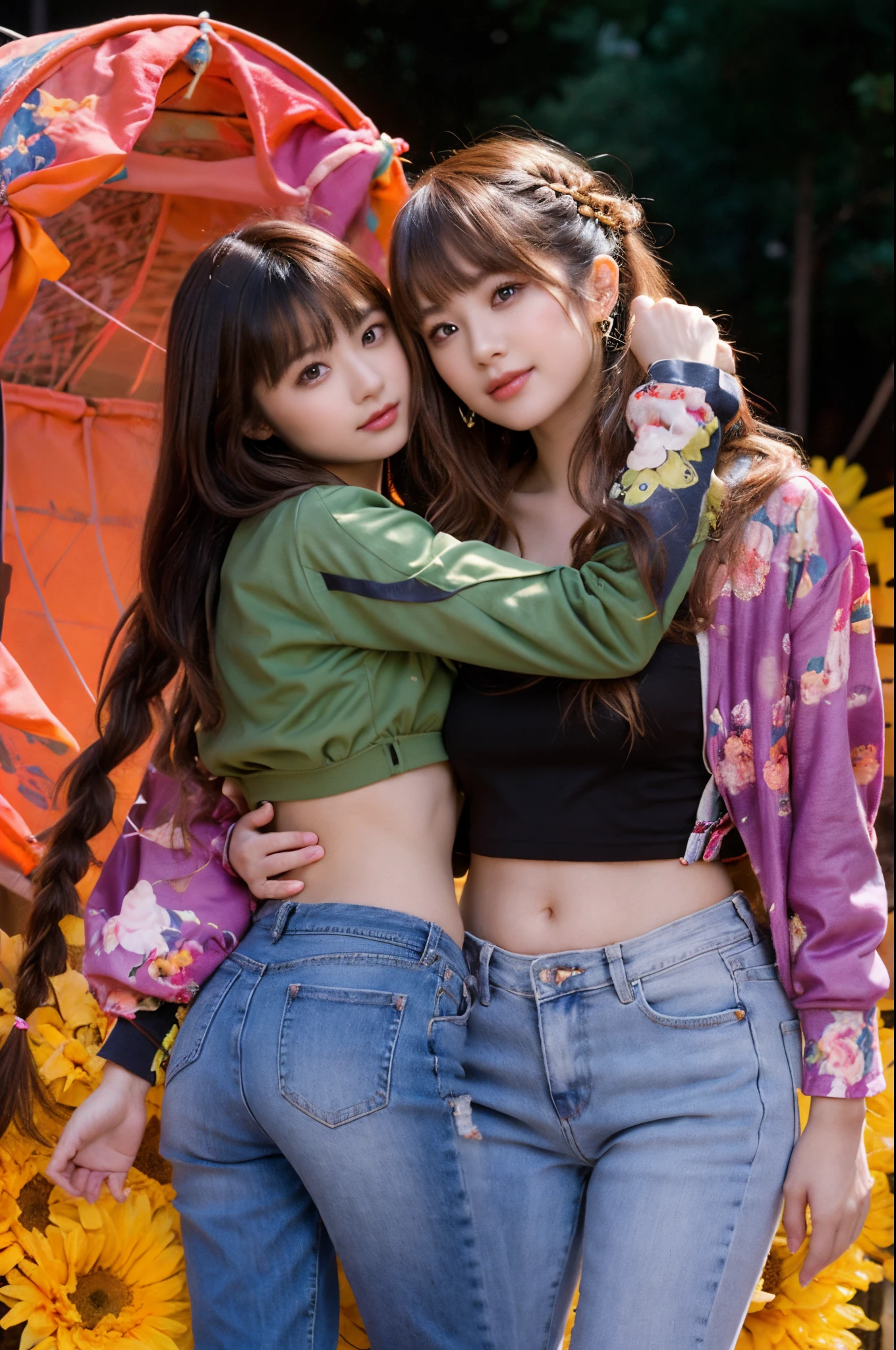 The proportions are the same for all races, All faces and pictures must be different,(ulzzang-6500-v1.3,pureeroface_v1,octane rendering),elegant pose,xxmix girl women, High level of image quality、Like a shot with an SLR、Super detailed illustration of two women, Duo,sisterhood ,sitted,Petting the,closeup portrait,hugs,strabismus:1.4,Depicting the eternal beauty and spirit of two women in 1990. they have a braided hairstyle as used to be in the 80's with lots of thin braids. They wore low-rise jeans and crop tops, 90s clothes. environment in the 1990s, Ms. Schiffer&#39;s work. _电影灯光_v2