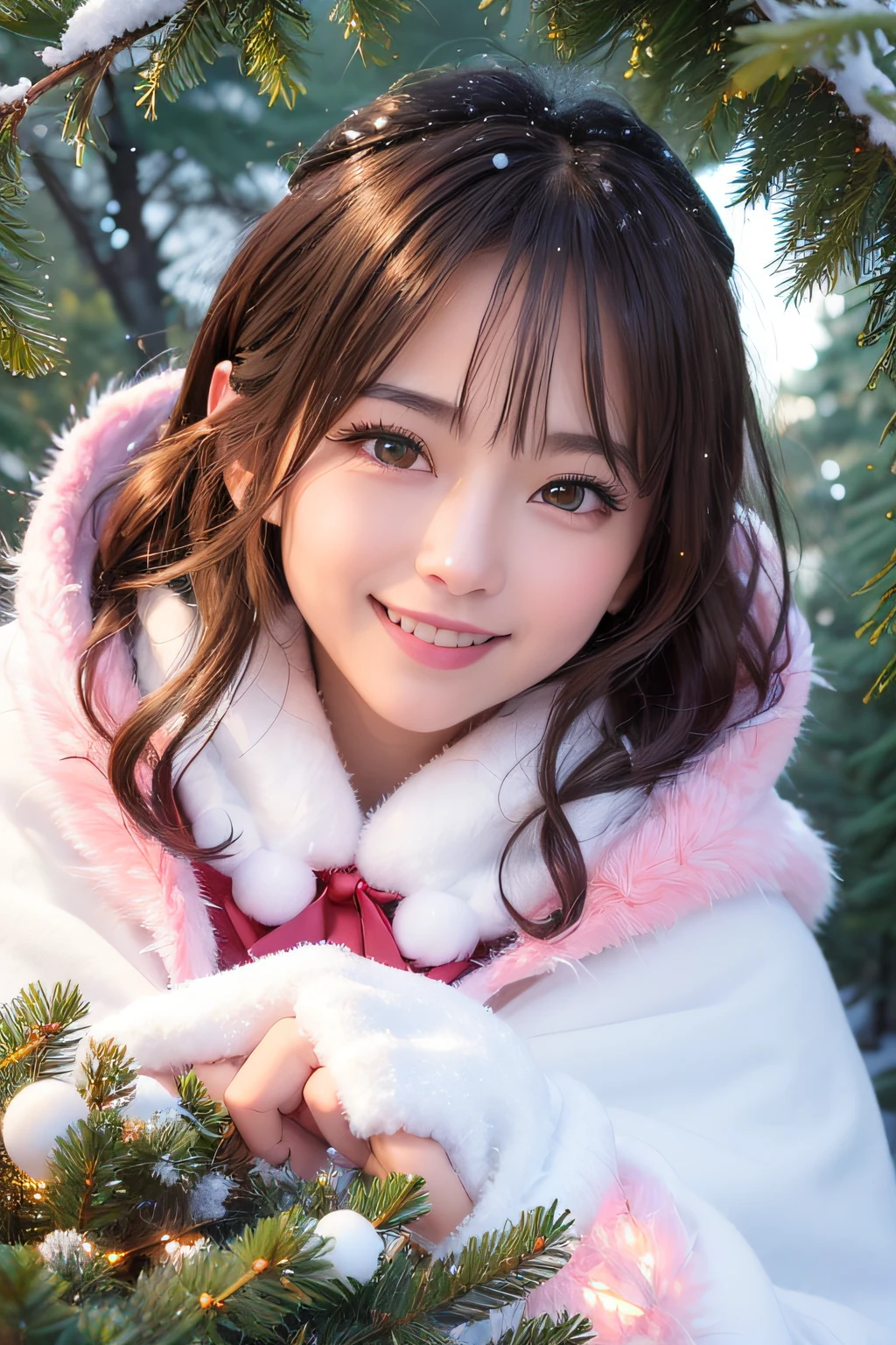 (Highly detailed CG Unity 8k wallpaper, top quality, ultra-detailed, high resolution, masterpiece, realistic, photorealistic:1.5), (cute Japanese girl), extremely detailed face, face focus, beautiful detailed eyes, eye focus, (detailed background), detailed clothes, super detailed skin, (wearing pink evening dress:1.5), (white hood:1.3), (white long cloak:1.5) , (white wool gloves:1.5), (soft sunlight:1.5), (in the winter forest:1.3), (snowing a lot:1.3), (Christmas tree:1.3), (lots of Christmas gift boxes), midi wavy hair, brown hair, floating hair, medium breast, medium ass, (make up), (adorable smile:1.3), (POV:1.6),