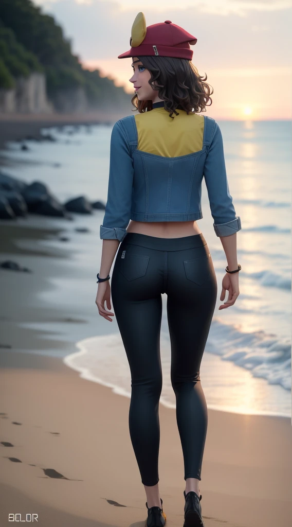 (8k, best quality, masterpiece:1.2), (realistic, photo-realistic:1.37), ultra-detailed, 1 girl,cute, solo, ,beautiful detailed blue eyes, medium wavy hair, standing on a beach, , smiling, looking at viewer, ,light brown hair, black lips, black lipstick, full body view, , whole body shot, red hat, , , nsfw, choker, yellow shirt, denim jacket, dark long leggings, back view