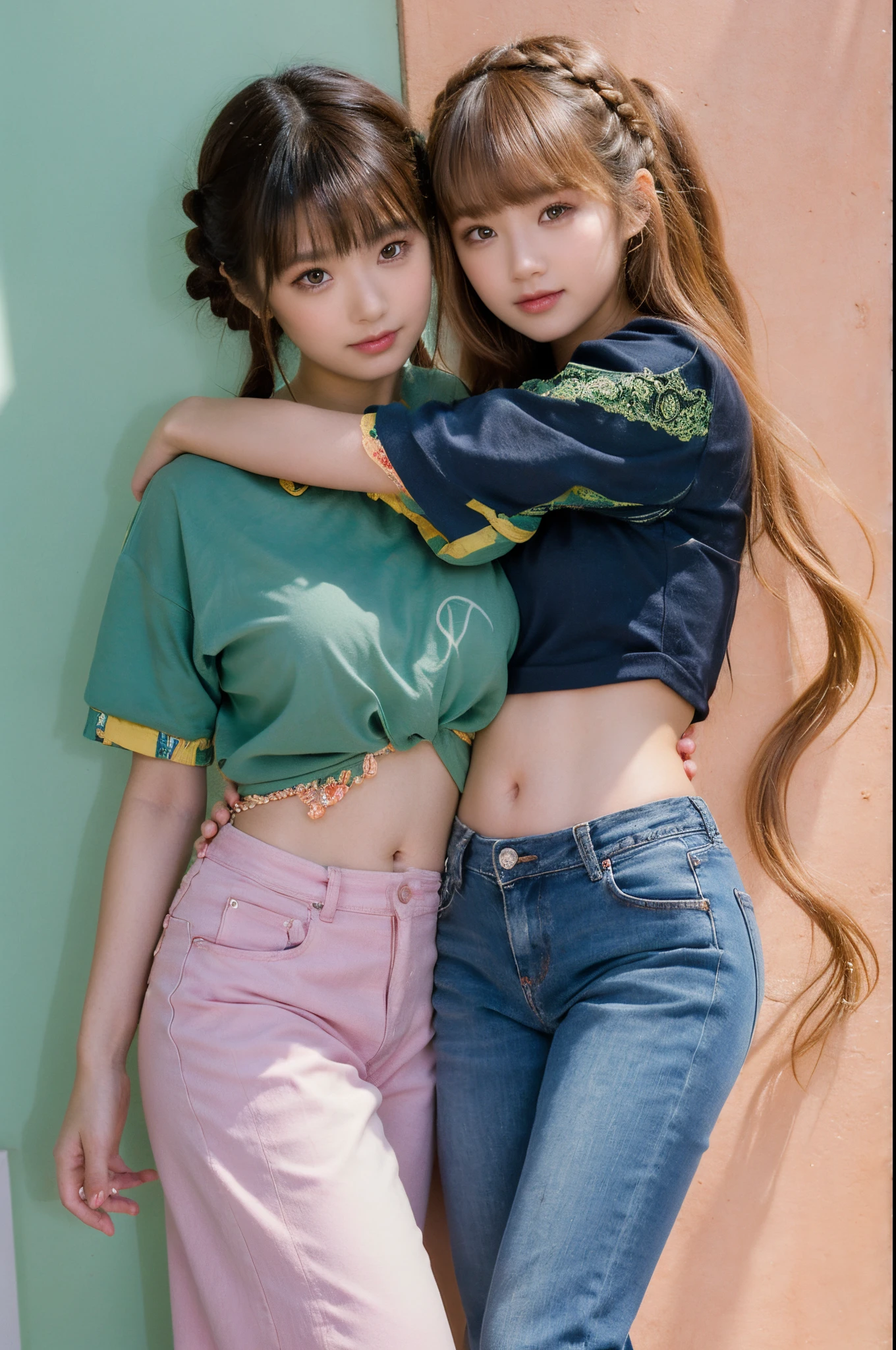 The proportions are the same for all races, All faces and pictures must be different,(ulzzang-6500-v1.3,pureeroface_v1,octane rendering),elegant pose,xxmix girl women, High level of image quality、Like a shot with an SLR、Super detailed illustration of two women, Duo,sisterhood ,sitted,Petting the,closeup portrait,hugs,strabismus:1.4,Depicting the eternal beauty and spirit of two women in 1990. they have a braided hairstyle as used to be in the 80's with lots of thin braids. They wore low-rise jeans and crop tops, 90s clothes. environment in the 1990s, Ms. Schiffer&#39;s work. _电影灯光_v2