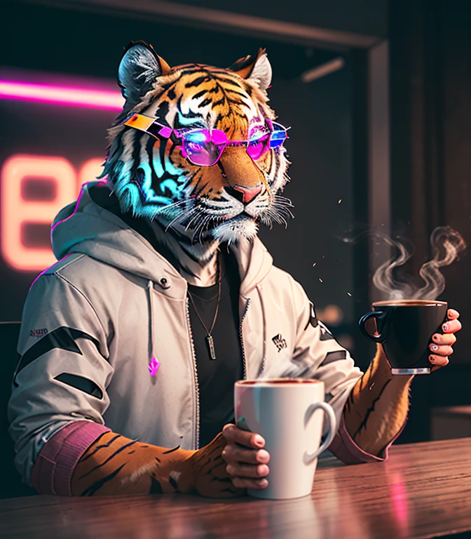 A real wild tiger in pink neon glasses, looks thoughtfully at a cup of coffee, wonders about the future, there is a mysterious atmosphere around, cyberpunk style, 4k