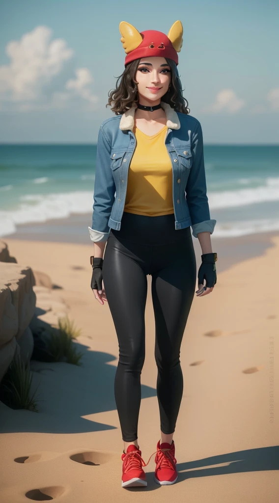 (8k, best quality, masterpiece:1.2), (realistic, photo-realistic:1.37), ultra-detailed, 1 girl,cute, solo, ,beautiful detailed blue eyes, medium wavy hair, standing on a beach, , smiling, looking at viewer, ,light brown hair, black lips, black lipstick, full body view, , whole body shot, red hat, , , nsfw, choker, yellow shirt, denim jacket, dark long leggings, black fingerless gloves, red sneakers