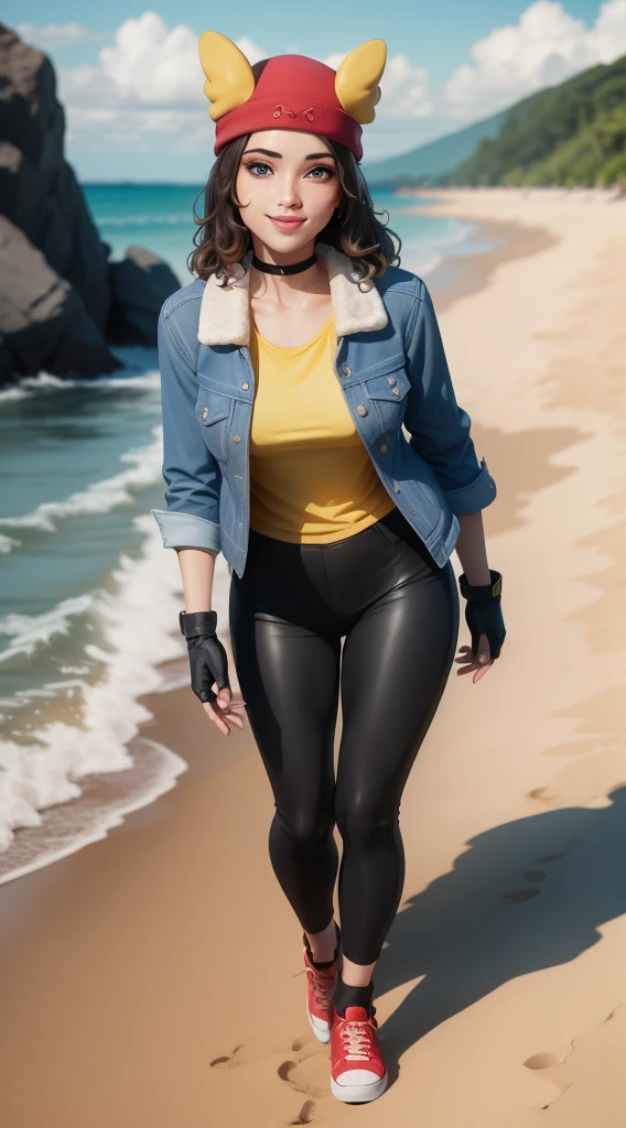 (8k, best quality, masterpiece:1.2), (realistic, photo-realistic:1.37), ultra-detailed, 1 girl,cute, solo, ,beautiful detailed blue eyes, medium wavy hair, standing on a beach, , smiling, looking at viewer, ,light brown hair, black lips, black lipstick, full body view, , whole body shot, red hat, , , nsfw, choker, yellow shirt, denim jacket, dark long leggings, black fingerless gloves, red sneakers