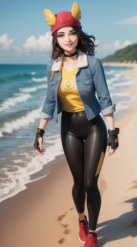 (8k, best quality, masterpiece:1.2), (realistic, photo-realistic:1.37), ultra-detailed, 1 girl,cute, solo, ,beautiful detailed blue eyes, medium wavy hair, standing on a beach, , smiling, looking at viewer, ,light brown hair, black lips, black lipstick, full body view, , whole body shot, red hat, , , nsfw, choker, yellow shirt, denim jacket, dark long leggings, black fingerless gloves, red sneakers