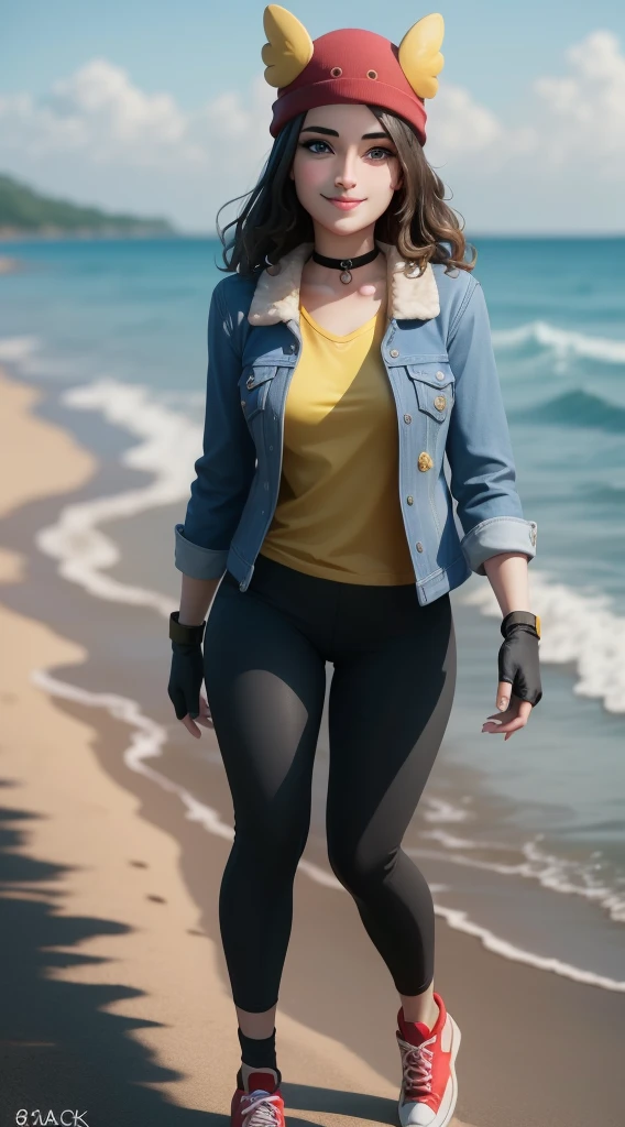 (8k, best quality, masterpiece:1.2), (realistic, photo-realistic:1.37), ultra-detailed, 1 girl,cute, solo, ,beautiful detailed blue eyes, medium wavy hair, standing on a beach, , smiling, looking at viewer, ,light brown hair, black lips, black lipstick, full body view, , whole body shot, red hat, , , nsfw, choker, yellow shirt, denim jacket, dark long leggings, black fingerless gloves, red sneakers
