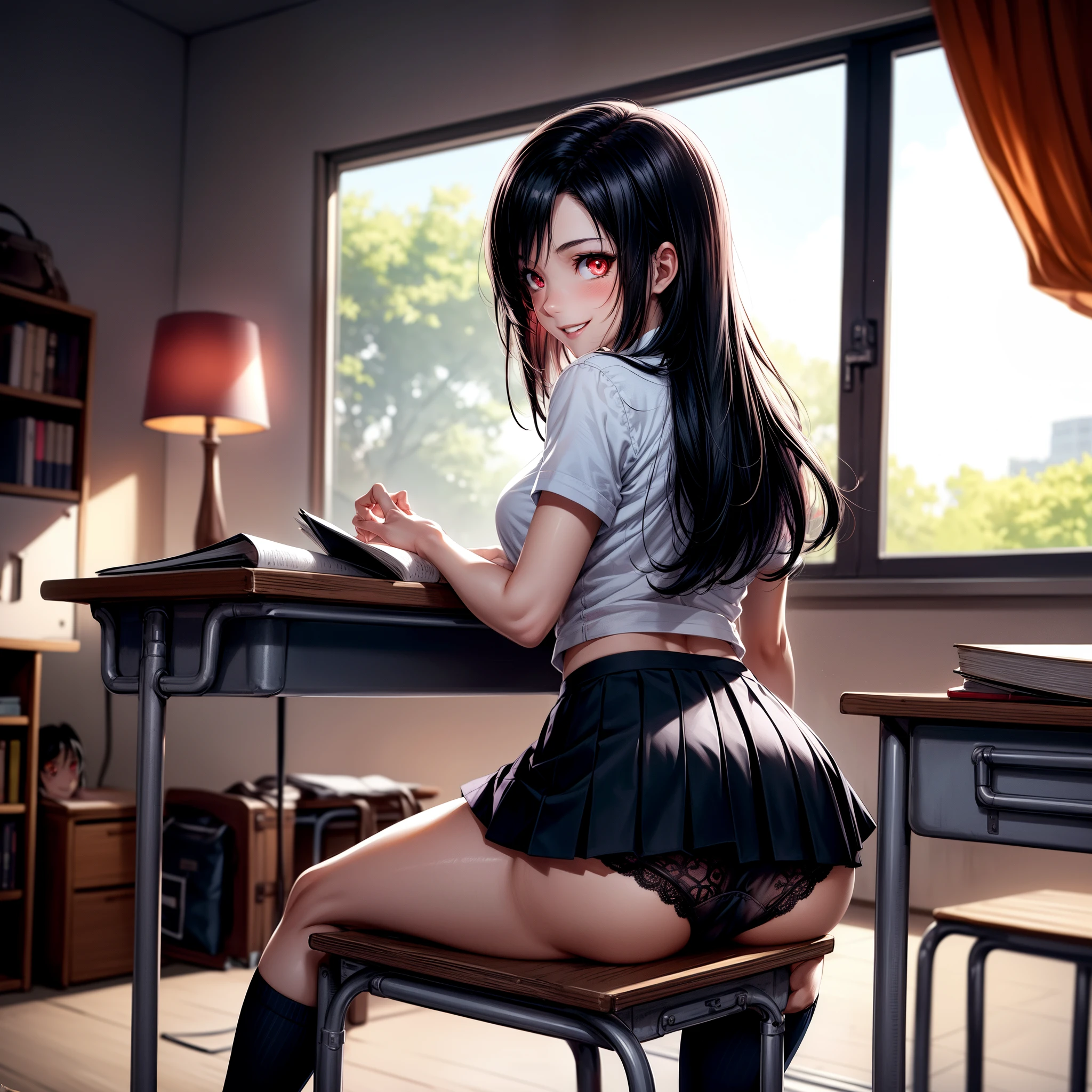 (masuter piece, Best Quality), Sarada Uchiha, FF7, Tifa Lockhart, Black hair, Glowing red eyes, Sharingan eyes, Petite, Schoolgirl, School uniform, up skirt, Lace panties, lying on a desk, from behind, Malvase, crass room, Smile, Fun, Volumetric lighting, Sunlight, Bright