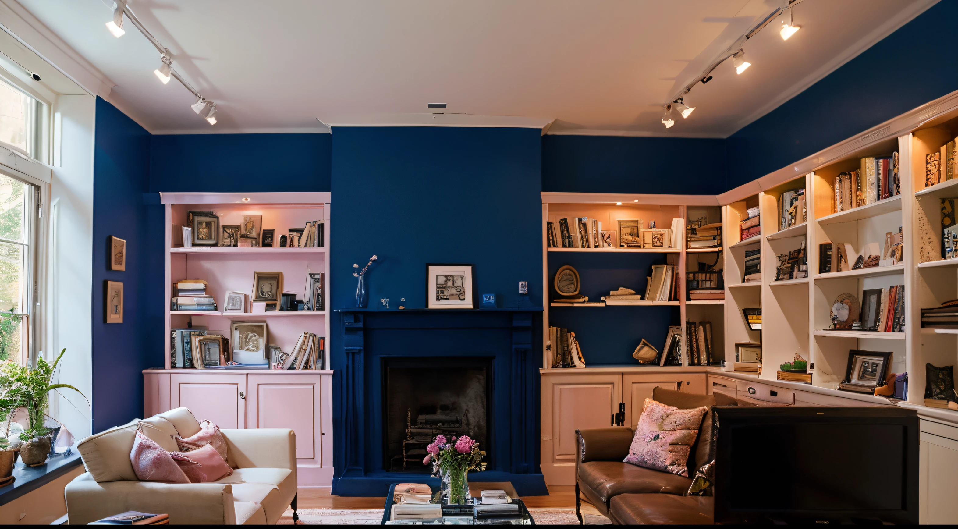 royal blue wall color room, minimalist decoration, bookshelf with books and pink lights