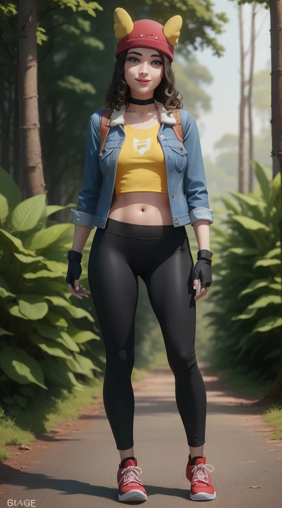 (8k, best quality, masterpiece:1.2), (realistic, photo-realistic:1.37), ultra-detailed, 1 girl,cute, solo, ,beautiful detailed blue eyes, medium wavy hair, standing in a jungle, , smiling, looking at viewer, ,light brown hair, black lips, black lipstick, full body view, , whole body shot, red hat, , , nsfw, choker, yellow shirt, denim jacket, dark long leggings, black fingerless gloves, red sneakers