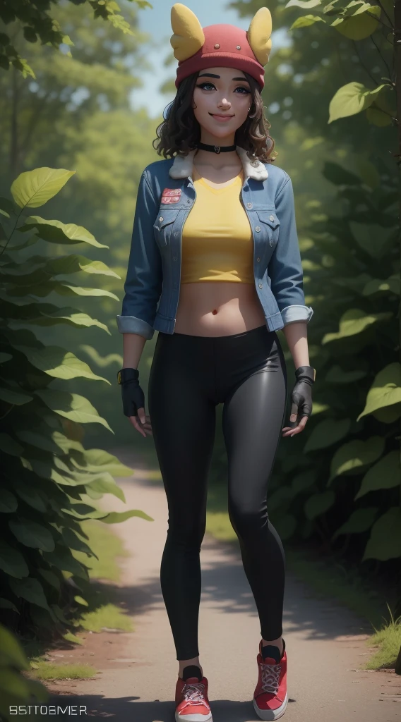 (8k, best quality, masterpiece:1.2), (realistic, photo-realistic:1.37), ultra-detailed, 1 girl,cute, solo, ,beautiful detailed blue eyes, medium wavy hair, standing in a jungle, , smiling, looking at viewer, ,light brown hair, black lips, black lipstick, full body view, , whole body shot, red hat, , , nsfw, choker, yellow shirt, denim jacket, dark long leggings, black fingerless gloves, red sneakers