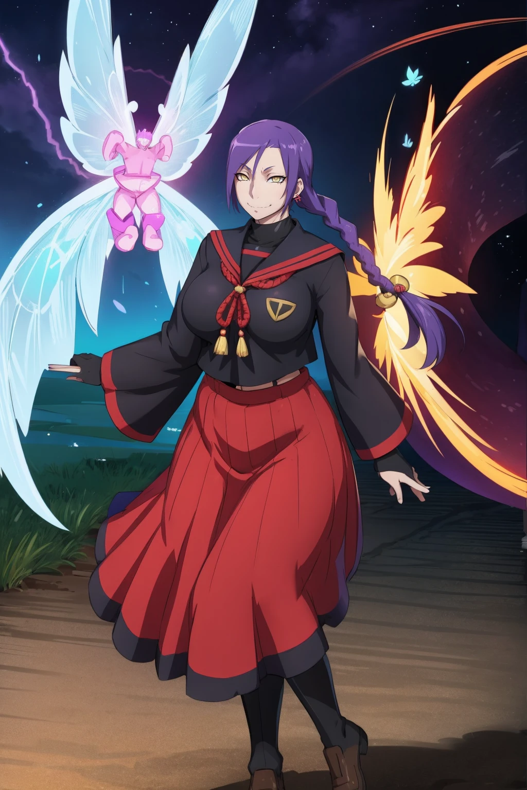 1girl, solo, looking at viewer, cowboy shot, hand arms full body,boots, standing,cute,breast, curvy, female,fantasy goddess,there is a cartoon picture of a woman with a very large breast, glowing divine being, glowing holy aura, inspired by Luma Rouge, the non-binary deity of spring, ethereal rainbow nimbus, the butterfly goddess of fire, inspired by Mariel, glowing aura around her, astral wind, as the goddess of the saturn, “uwu the prismatic person, big breast, serious, beautiful eyes, , full body, walking, long robe, long dress, ,priestess ,holy, smile, god rays, ray tracing, sparkle, cinematic lighting, UHD, retina, masterpiece, ccurate, anatomically correct, textured skin, super detail, high details, high quality, award winning, best quality, highres, 1080P, HD, 4K, thunder aura, light aura,full, snak staff,closed mouth,#anime #character #re:creators #magane chikujoin Trigger Words: chikujoin magane sharp teeth single braid school uniform serafuku pleated skirt thighhighs gloves earrings Version No.:, long skirt, sharpteeth smile