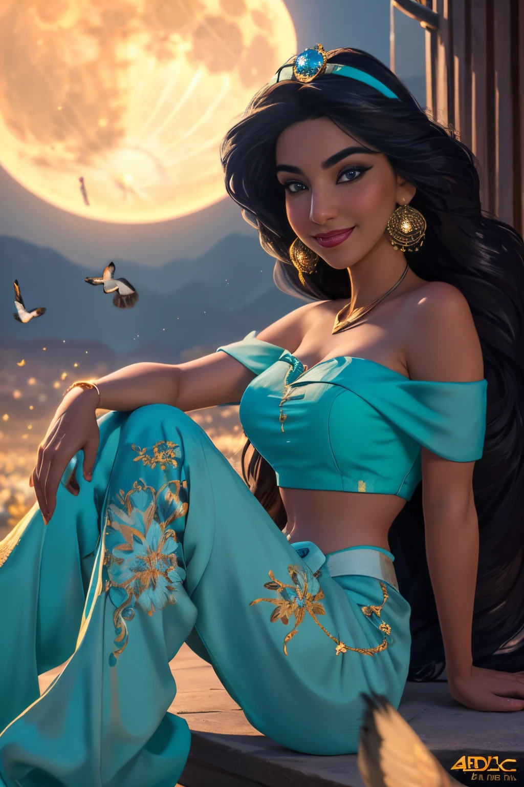 jasmine 1girl, solo, looking at viewer, smile, shirt, bare shoulders, jewelry, sitting, full body, flower, earrings, pants, off shoulder, crop top, makeup, bird, border, moon, full moon, off-shoulder shirt (realistic:1.2), (realism), (masterpiece:1.2), (best quality), (ultra detailed), (8k, 4k, intricate),(full-body-shot:1), (85mm),light particles, lighting, (highly detailed:1.2),(detailed face:1.2), (gradients), sfw, colorful,(detailed eyes:1.2)(detailed background),detailed landscape, (dynamic angle:1.2), (dynamic pose:1.2), (rule of third_composition:1.3), (Line of action:1.2)