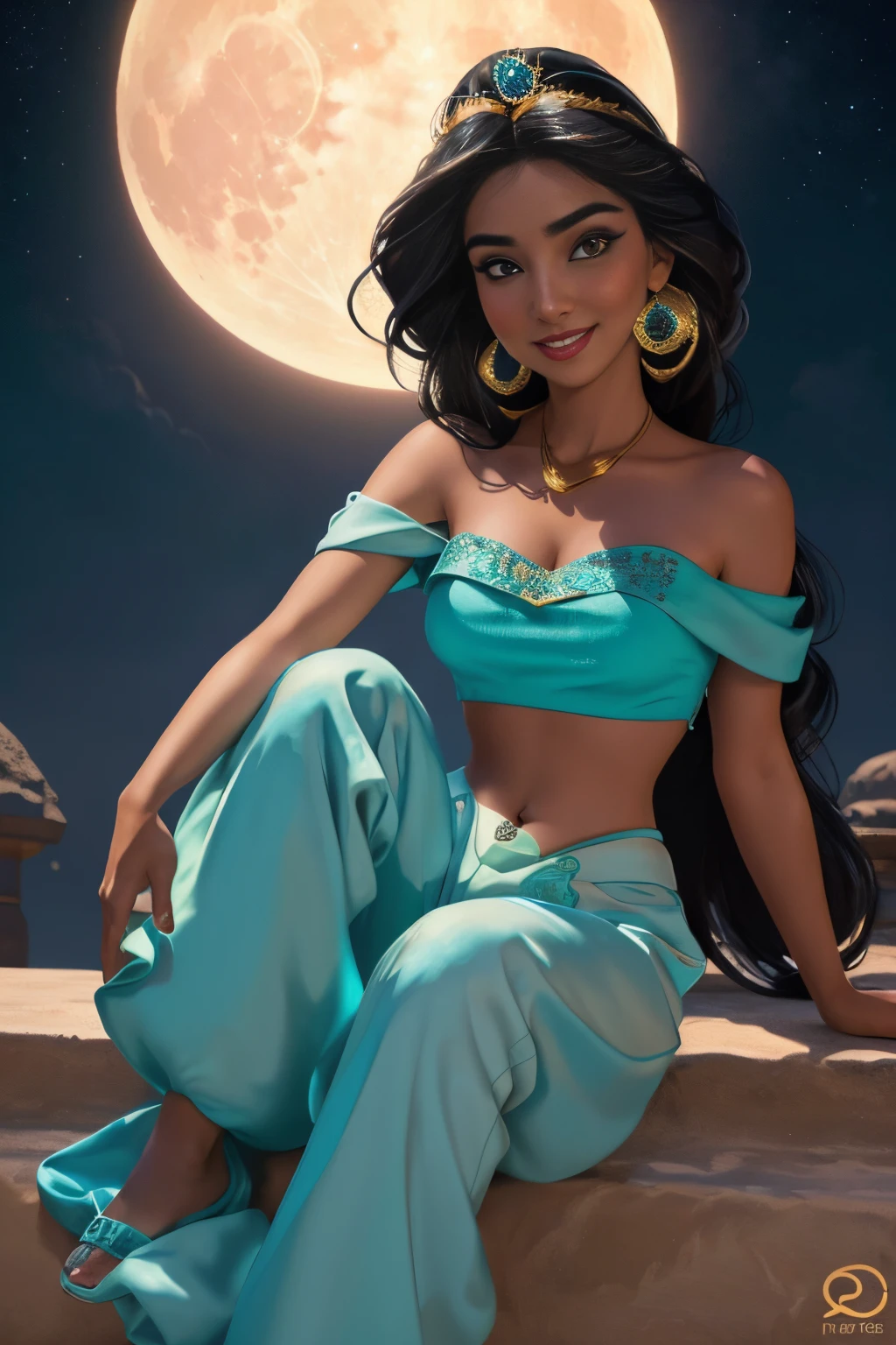 jasmine  1girl, solo, looking at viewer, smile, shirt, bare shoulders, jewelry, sitting, full body, flower, earrings, pants, off shoulder, crop top, makeup, bird, border, moon, full moon, off-shoulder shirt (realistic:1.2), (realism), (masterpiece:1.2), (best quality), (ultra detailed), (8k, 4k, intricate),(full-body-shot:1), (85mm),light particles, lighting, (highly detailed:1.2),(detailed face:1.2), (gradients), sfw, colorful,(detailed eyes:1.2)(detailed background),detailed landscape, (dynamic angle:1.2), (dynamic pose:1.2), (rule of third_composition:1.3), (Line of action:1.2)