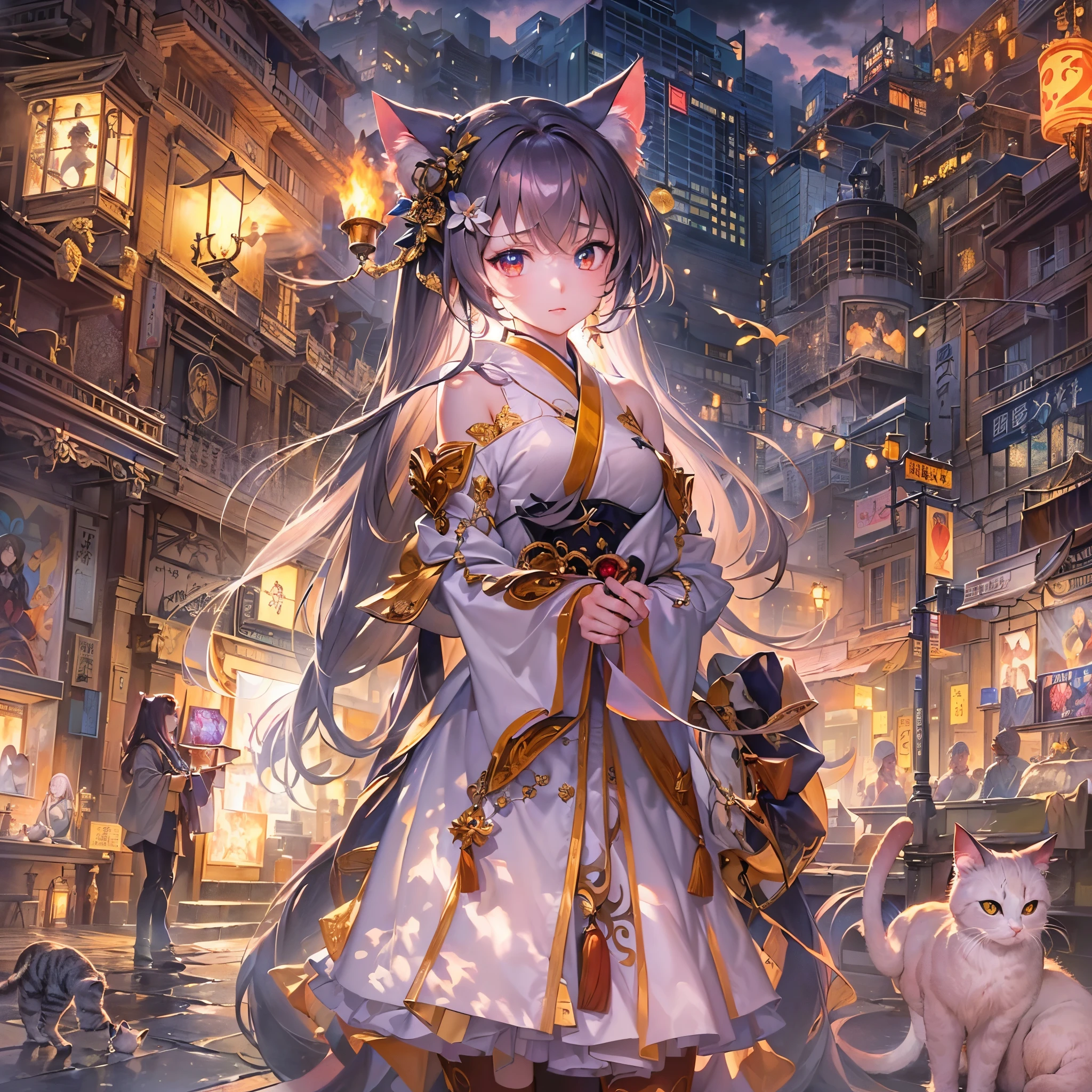 ((Finest quality)),(超A high resolution),(ultra-detailliert),(Meticulous portrayal),((Best Anime)),(Finest works of art),Ultra-Precision Art,The art of astounding depiction,Overwhelming depiction:1.5, (1人の女性:1.5), Torch:1.5, (catss:1.3), harmonious, Blessing:1.5