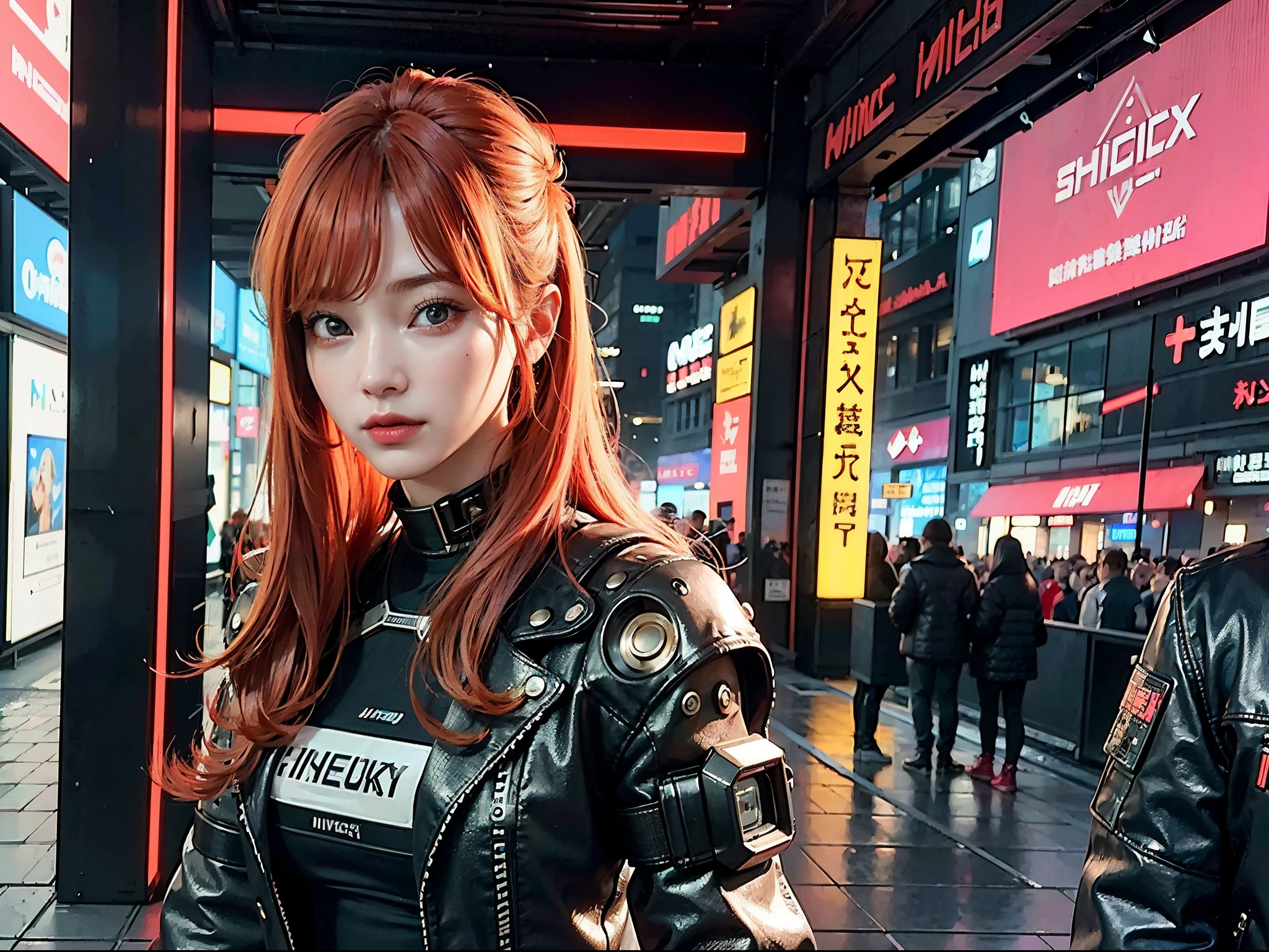 (1girl), ((Best quality)), ((masterpiece)), (highly detailed:1.3), 3D, beautiful (cyberpunk:1.3), medium shot, hacker woman with blonde or red hair, futuristic clothes looking at camera