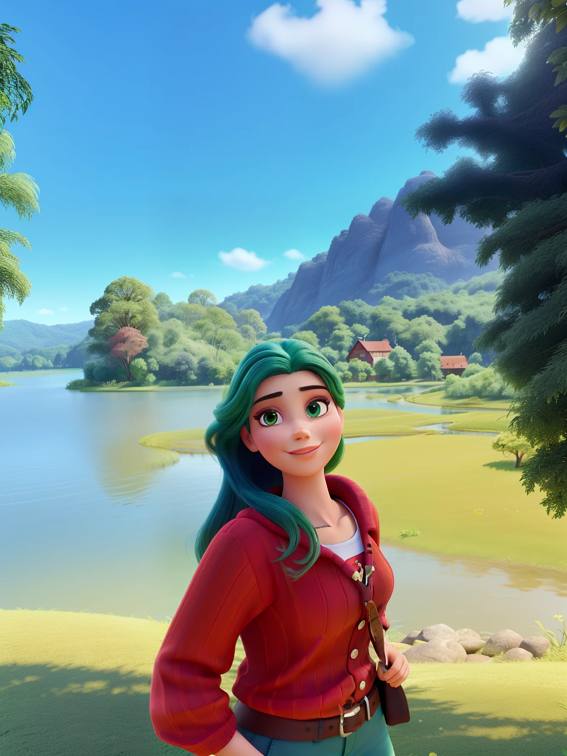 Mulher branca, magra, cabelo liso, solto,rosto fino, olhos verde escuro, em um lugar bonito, lawn with a lake behind, blusa de linho vermelha. Estilo Disney, pixar