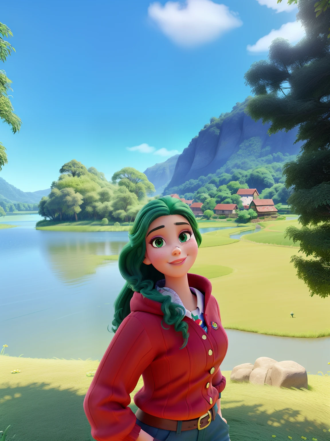 Mulher branca, magra, cabelo liso, solto,rosto fino, olhos verde escuro, em um lugar bonito, lawn with a lake behind, blusa de linho vermelha. Estilo Disney, pixar