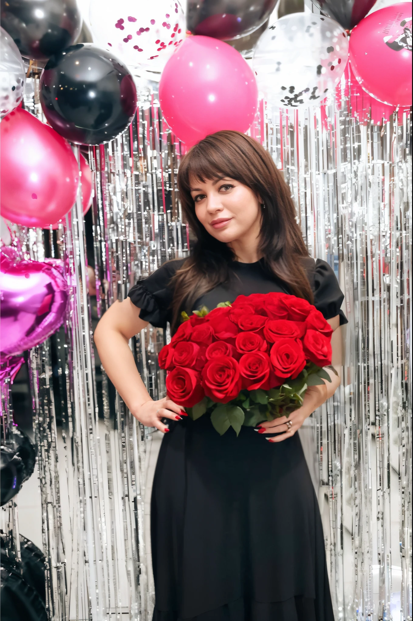 Woman holding a bouquet of roses, in a black long dress, roses