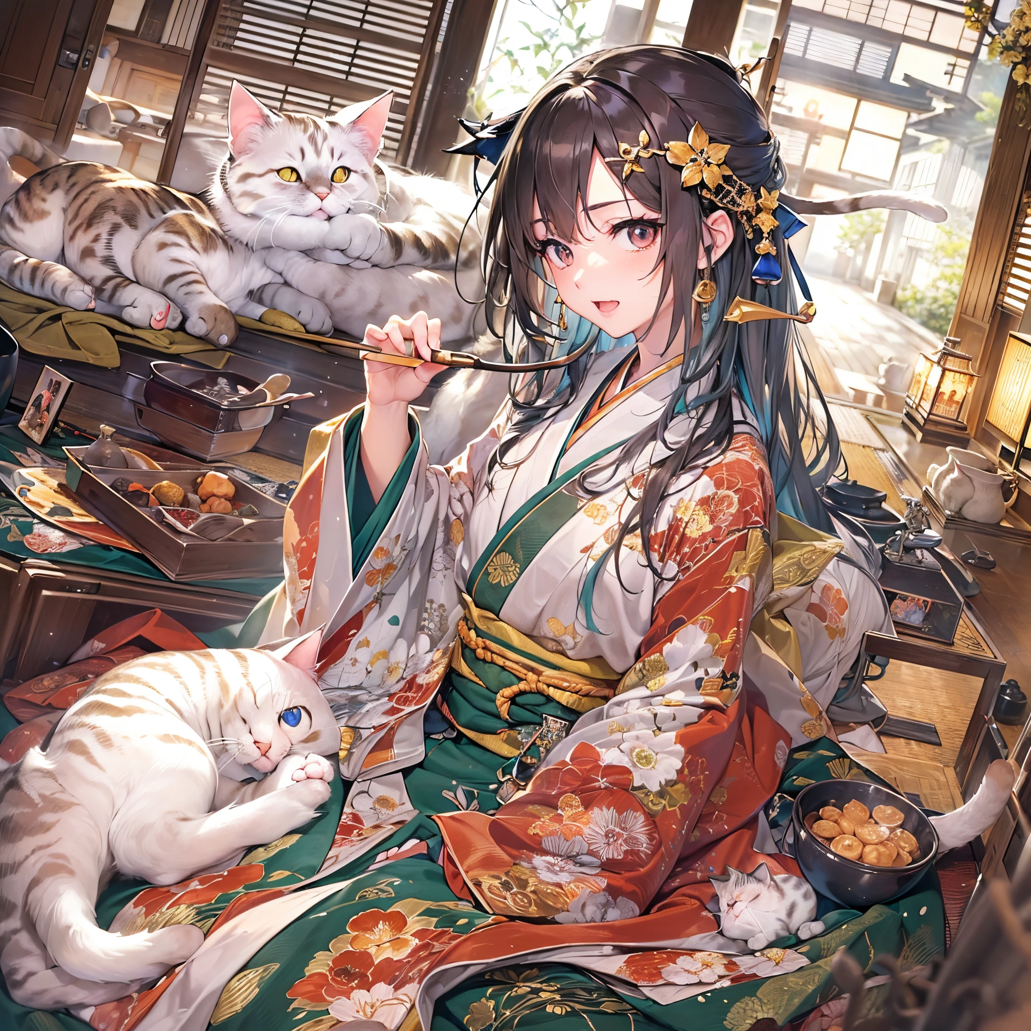 ((Finest quality)),(超A high resolution),(ultra-detailliert),(Meticulous portrayal),((Best Anime)),(Finest works of art),Ultra-Precision Art,The art of astounding depiction,Overwhelming depiction:1.5, A Japanese style:1.8, (1人の女性:1.5), Torch:1.5, (Cat curled up on the kotatsu:1.3), harmonious, Blessing:1.5