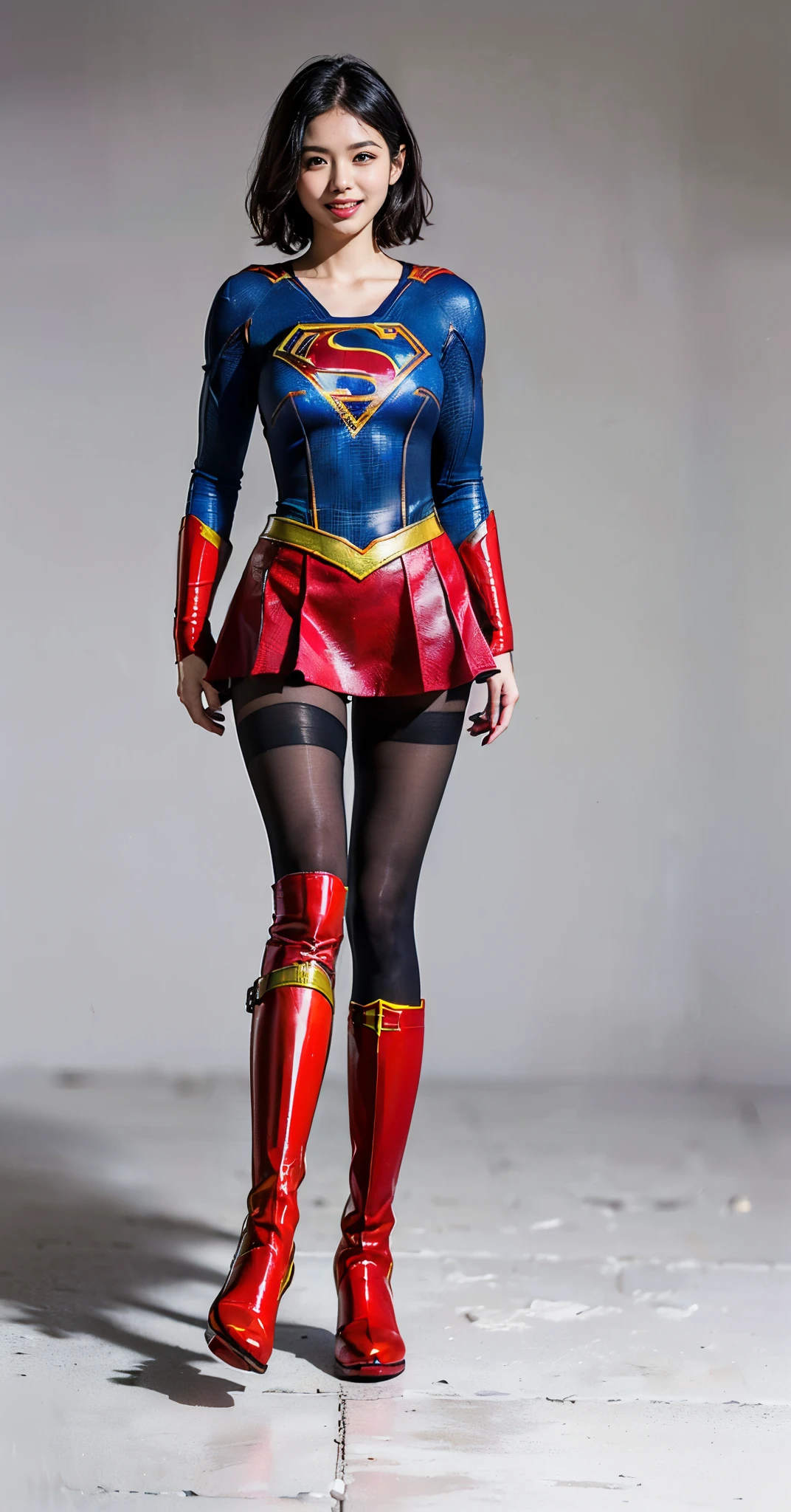 Facing down、I'm sitting、Suffering、mouth sloppily open、scream、drool dripping from the mouth、Asian Beautiful Girl、(((Wear black tights on your beautiful legs.)))、(((beauty legs)))、(((facial expression of smile)))、((((Make the most of the original image)))、(((Supergirl Costume)))、(((a short bob、beautiful hairl)))、(((Suffering)))、(((Feet must necessarily be worn with black tights)))、(((You need to wear red boots)))、((Top image quality、8K))、((top-quality、8K、masterpiece:1.3))、(((Keep your background simple)))、Crisp focus:1.2、Beautiful woman with perfect body shape:1.4、Slender Abs:1.2、a wet body:1.5、Highly detailed facial and skin texture、8K、beauty legs